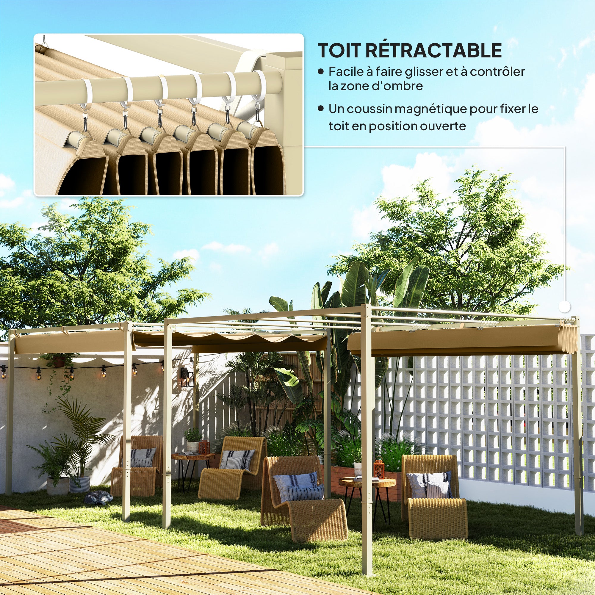 Outdoor Garden Pergola 3 x 3 m Retractable Sliding Pergola with Magnetic Fixing, High-Density 180g/m² Polyester Canopy, UPF30+ Sun Shelter, for Terrace, Patio, Khaki