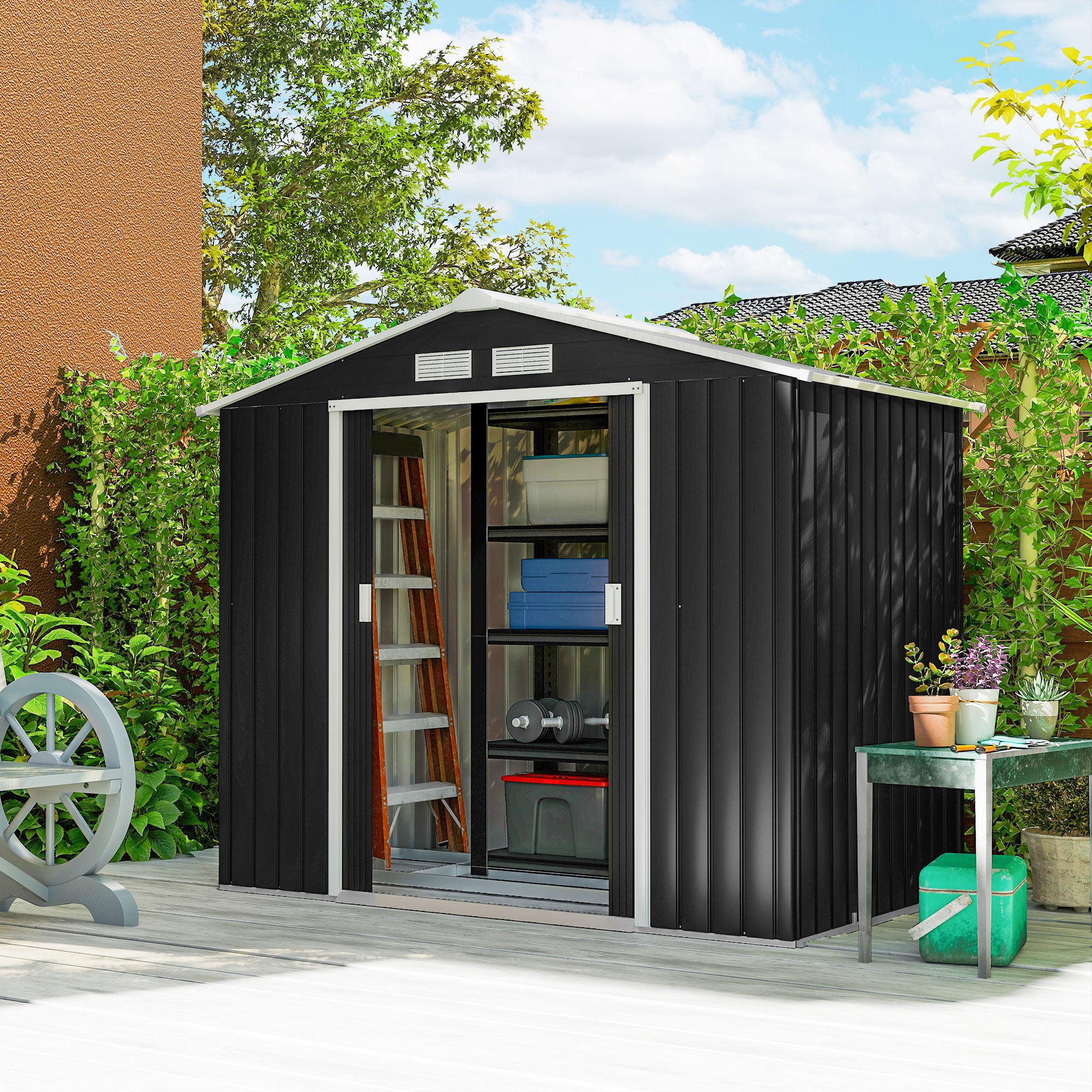 garden shed 2.42 m², garden house with pent roof, sliding door, foundation, 213 x 130 x 185 cm, tool shed made of galvanized steel, weatherproof, for garden, Dark grey