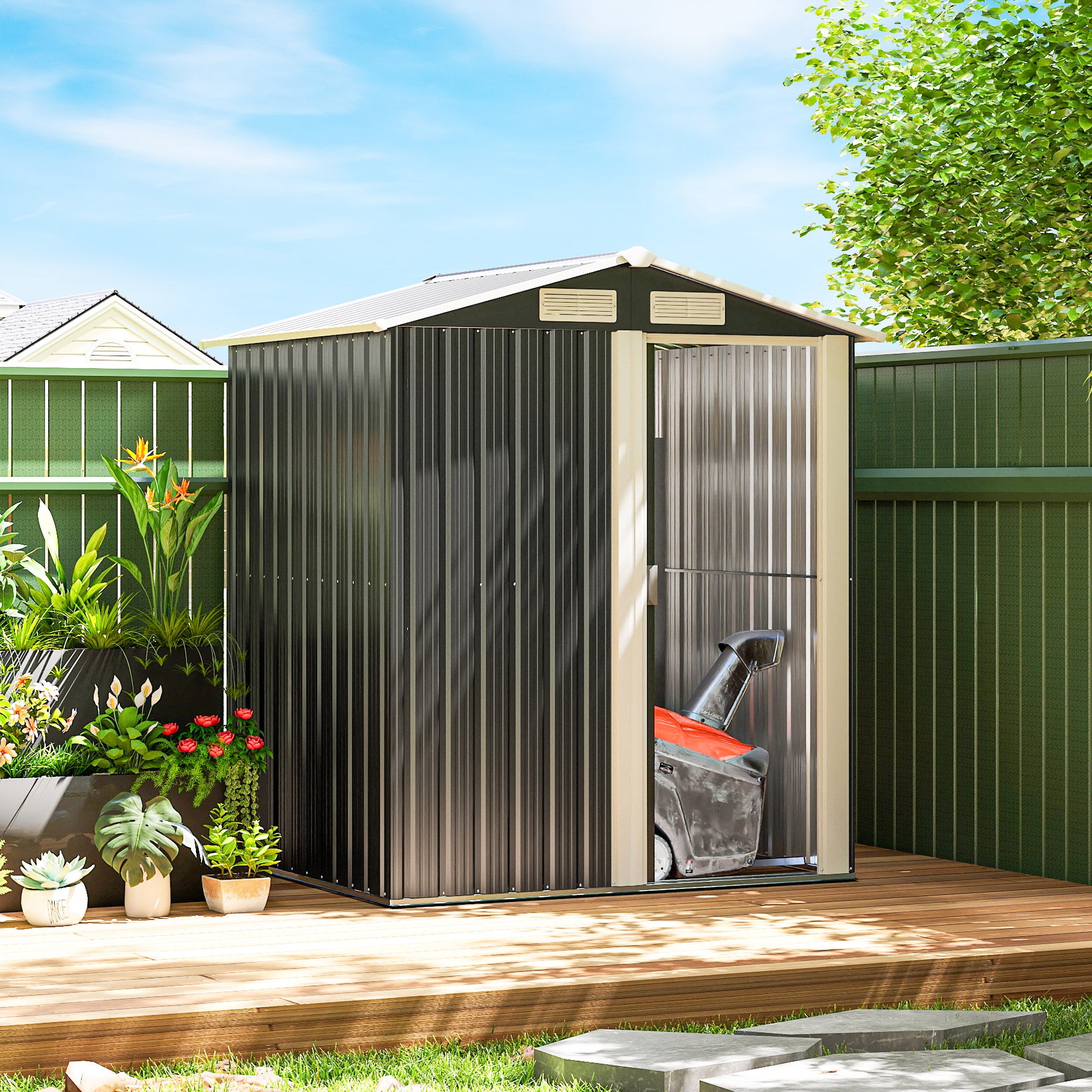 Zinc-Coated Steel Garden Shed, Tool Storage Shed with Sloping Roof and 4 Air Vents, 152x132x188cm, Dark Grey and White