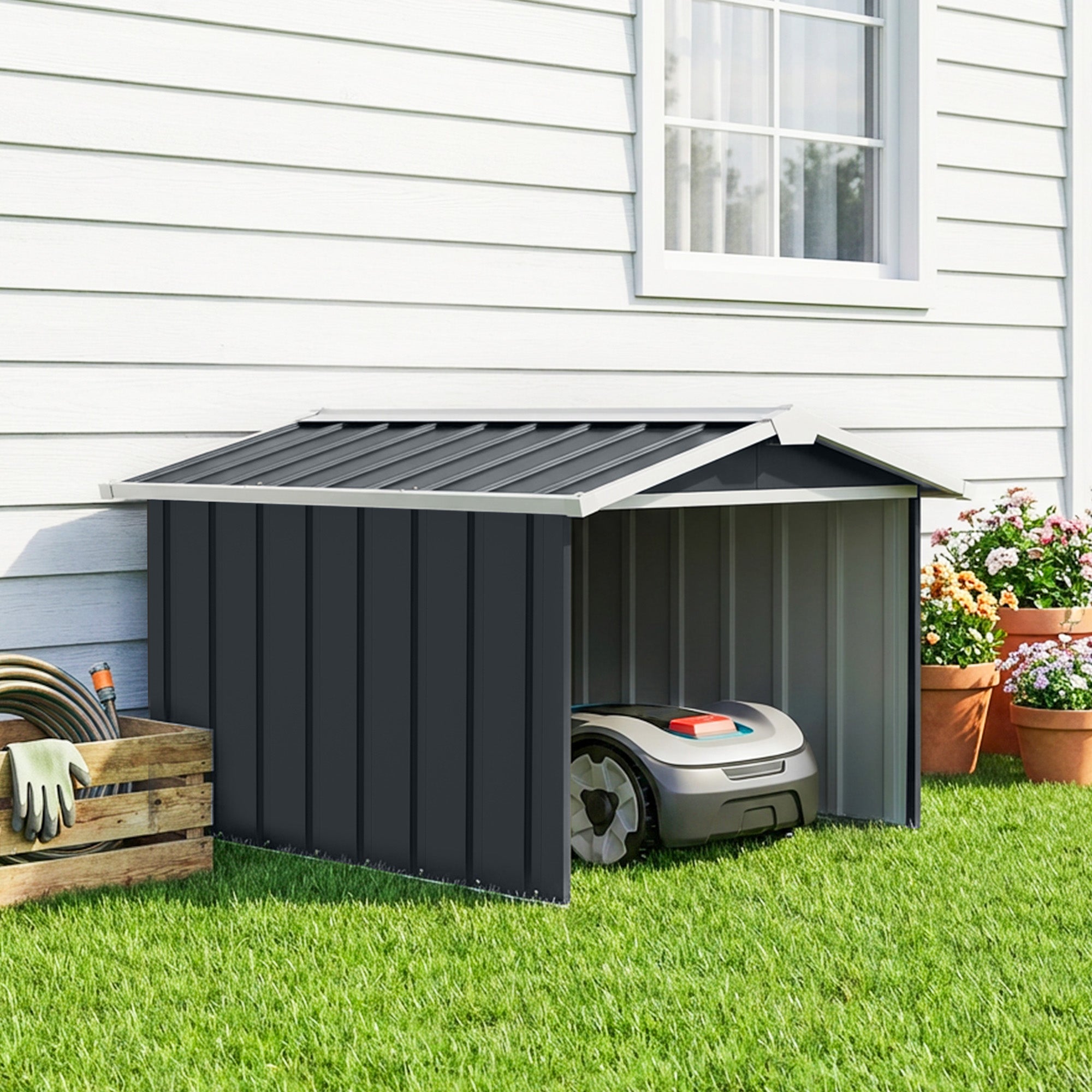 Lawnmower Storage Shed for Robot Lawnmower - robot lawn mower garage - gray steel sheet
