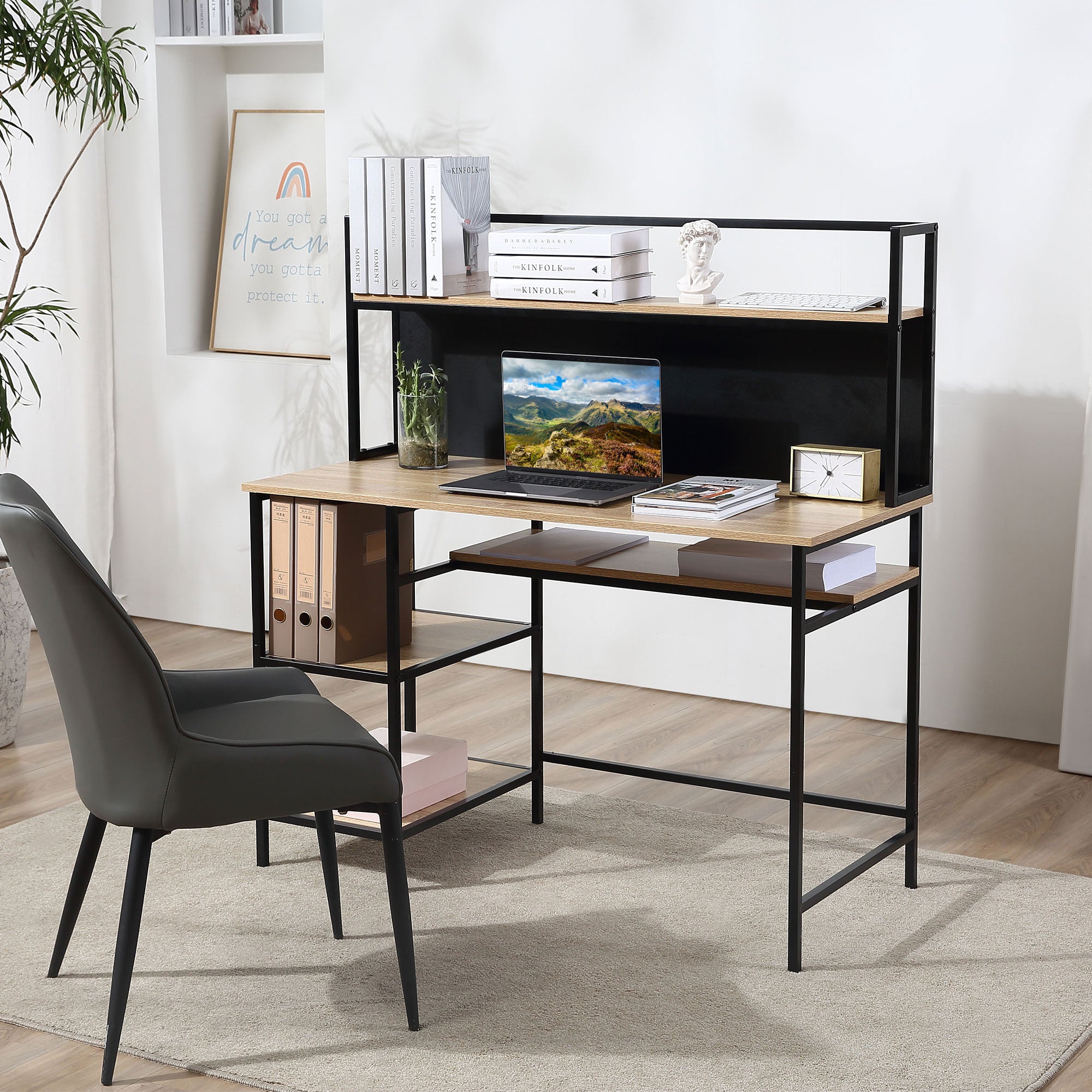 Bureau HOMCOM avec rangement, bureau informatique à 4 étagères, grand plateau, et panneau noir pour salon ou chambre 120L x 53l x 126H cm, chêne et noir