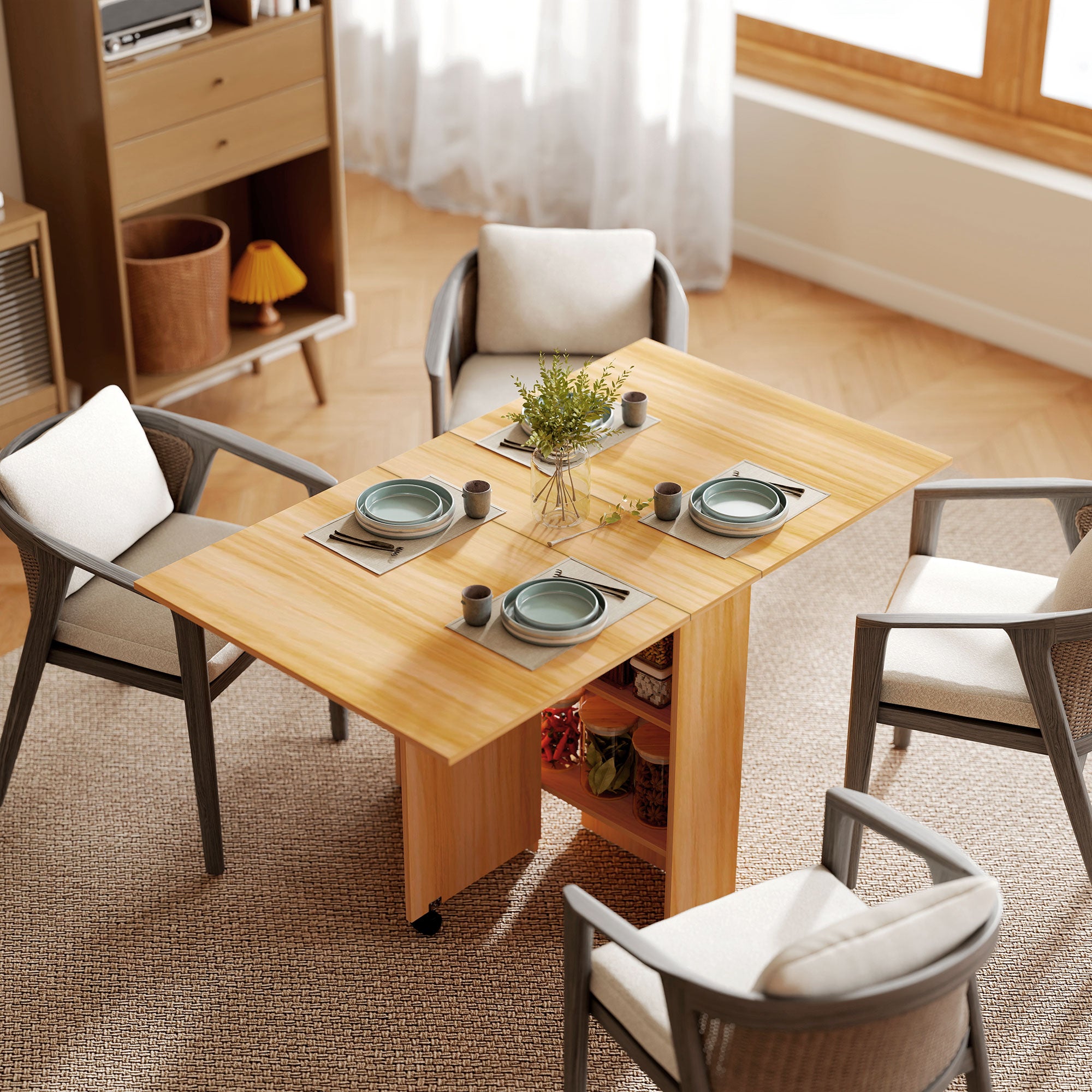 HOMCOM Fällbart Matbord – Küchensbord med Hjul, Vikbara Vingar och Hyllor för 4-6 Personer 80x140x74 cm Naturligt Trä