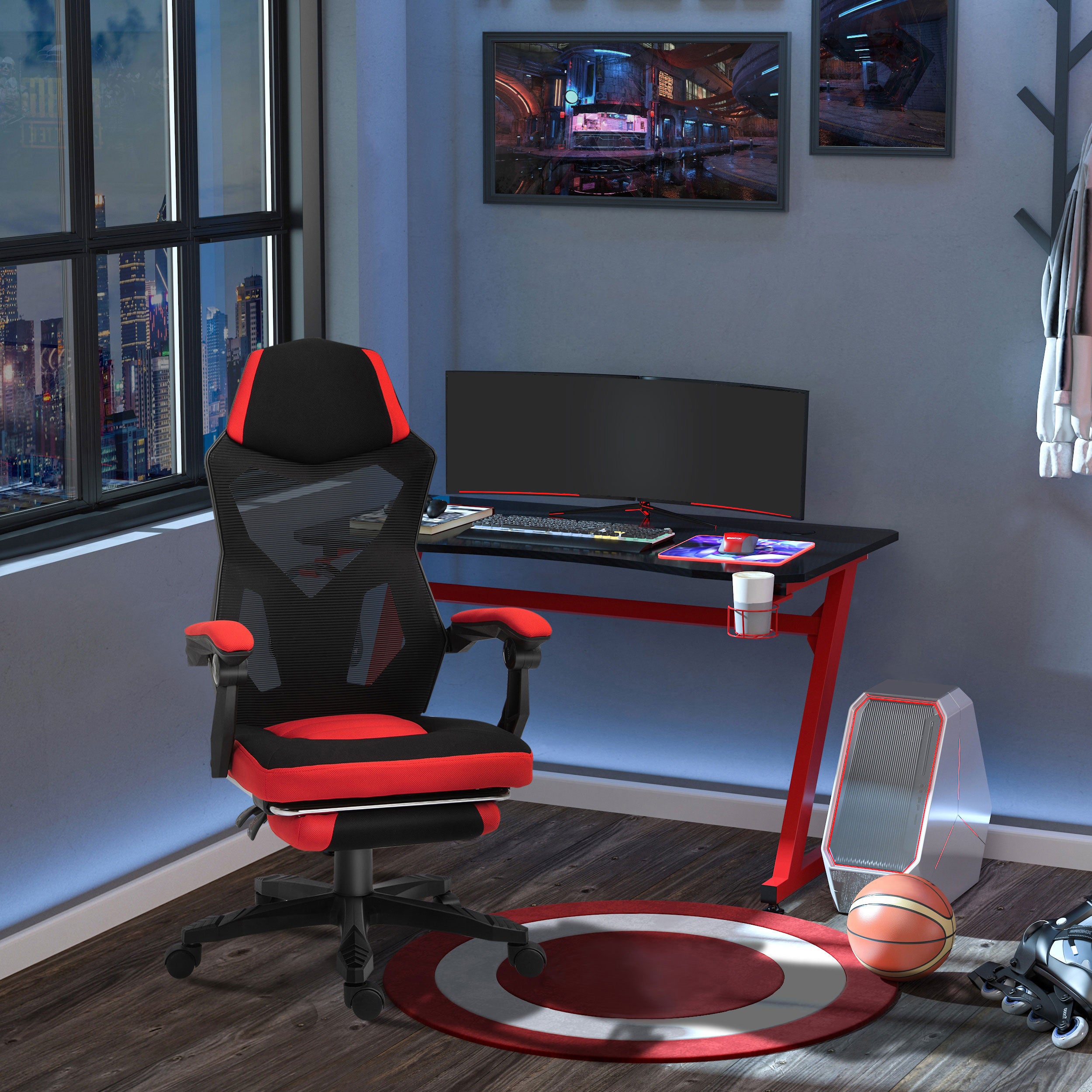 Ergonomic Office Chair, Gaming Chair, Swivel Chair with Footrest, PC Chair, Executive Chair, adjustable height, Polyester, Black+Red, 58 x 63 x 112-122 cm