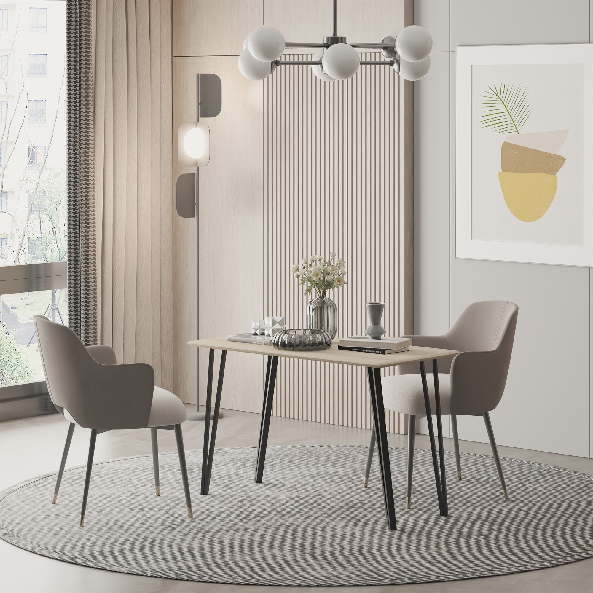 Industrial Design Dining Table Large Beveled Top 120L x 60W x 75H cm Black Metal Hairpin Legs Light Oak Grain MDF