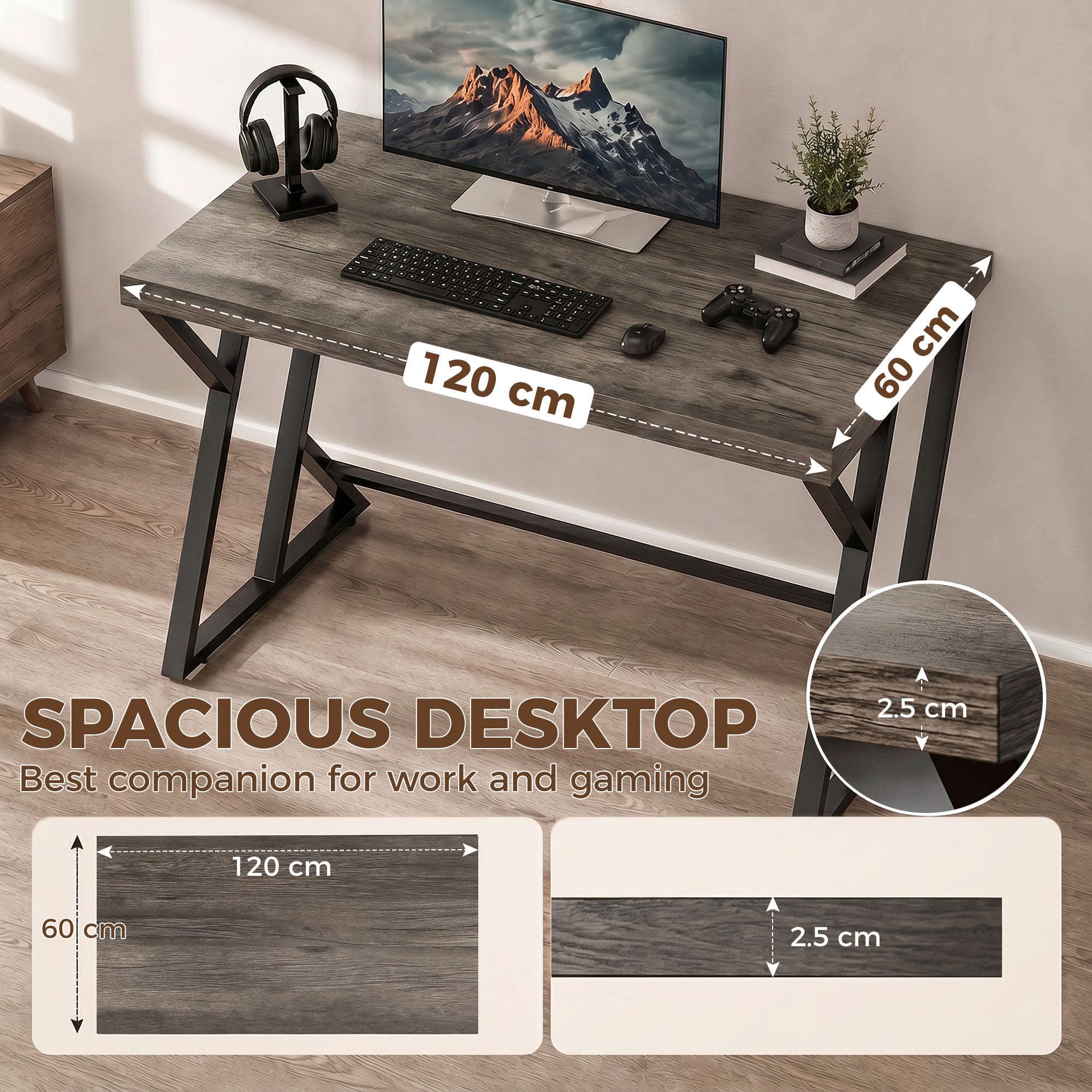 47.2 in Computer Desk – Industrial Z-Frame Work Desk for Office, Bedroom & Small Spaces, Weathered Gray