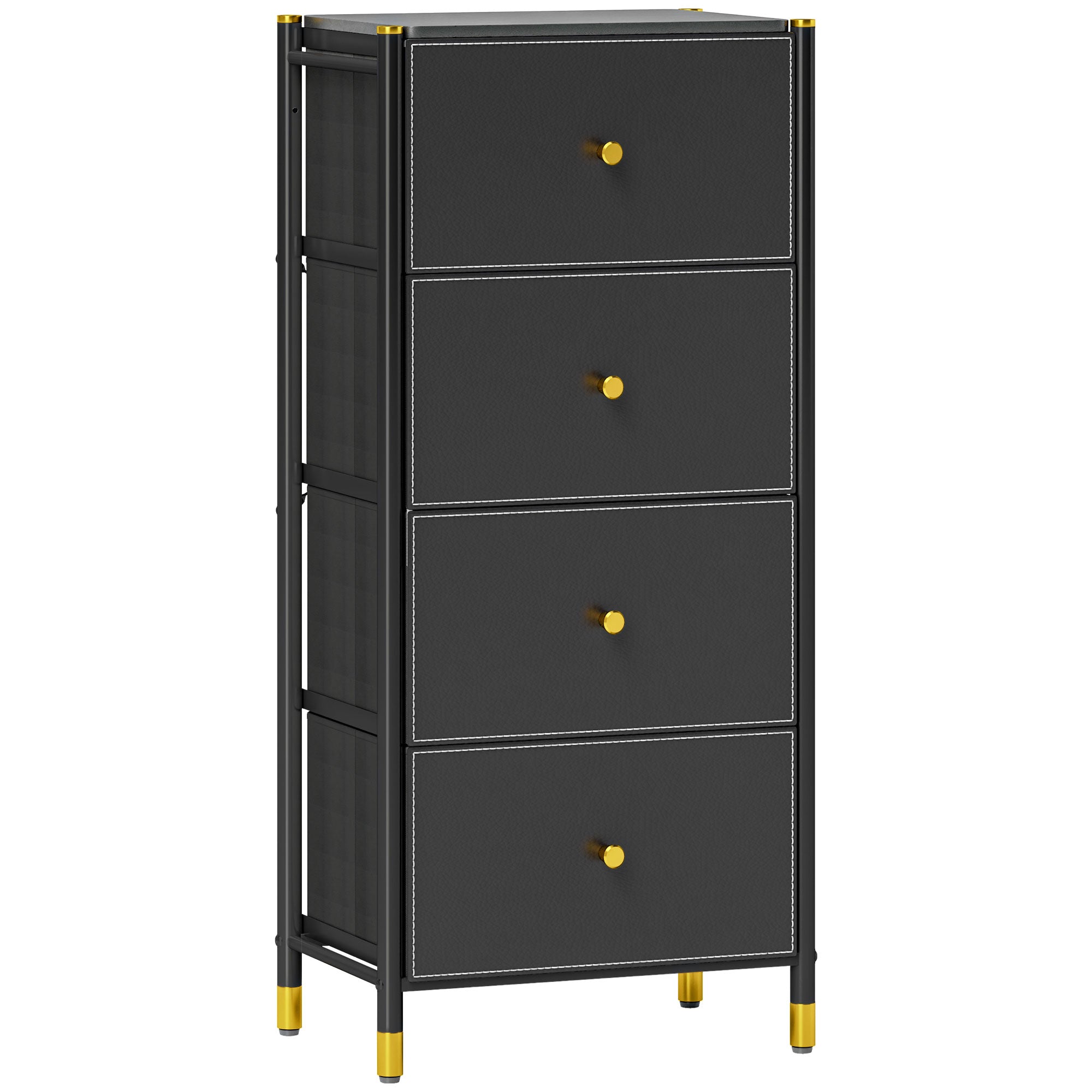 Fabric Chest of Drawers with 4 Foldable Drawers with PU Fronts and Steel Frame for Bedroom Living Room Black