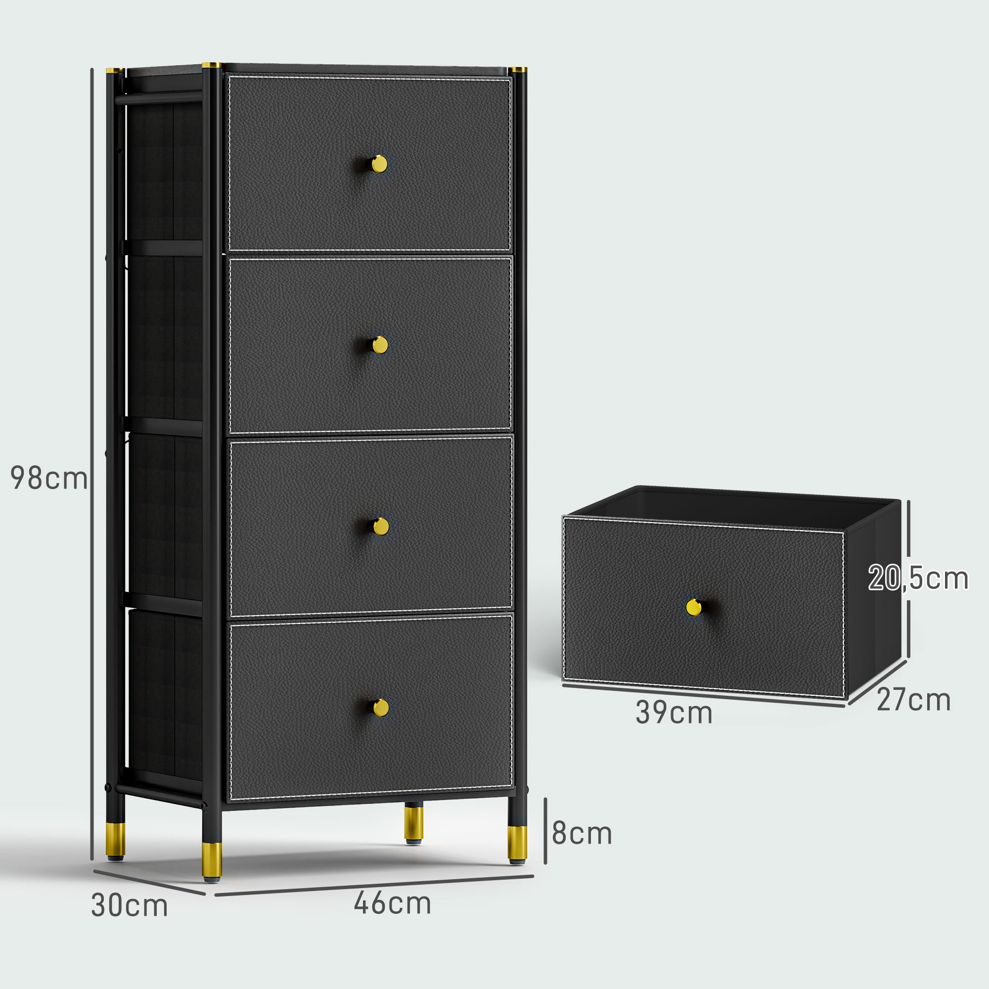 Fabric Chest of Drawers with 4 Foldable Drawers with PU Fronts and Steel Frame for Bedroom Living Room Black