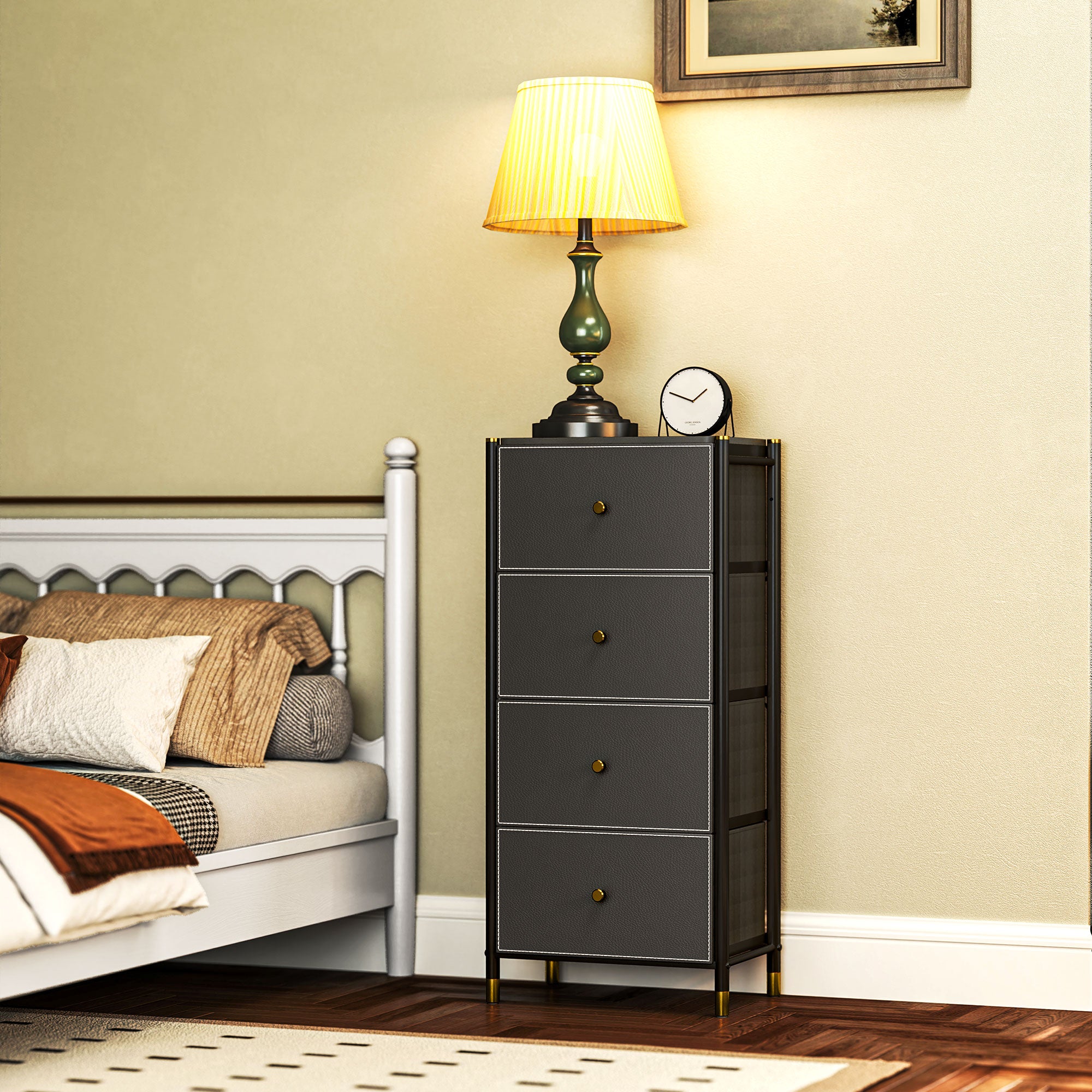 Fabric Chest of Drawers with 4 Foldable Drawers with PU Fronts and Steel Frame for Bedroom Living Room Black