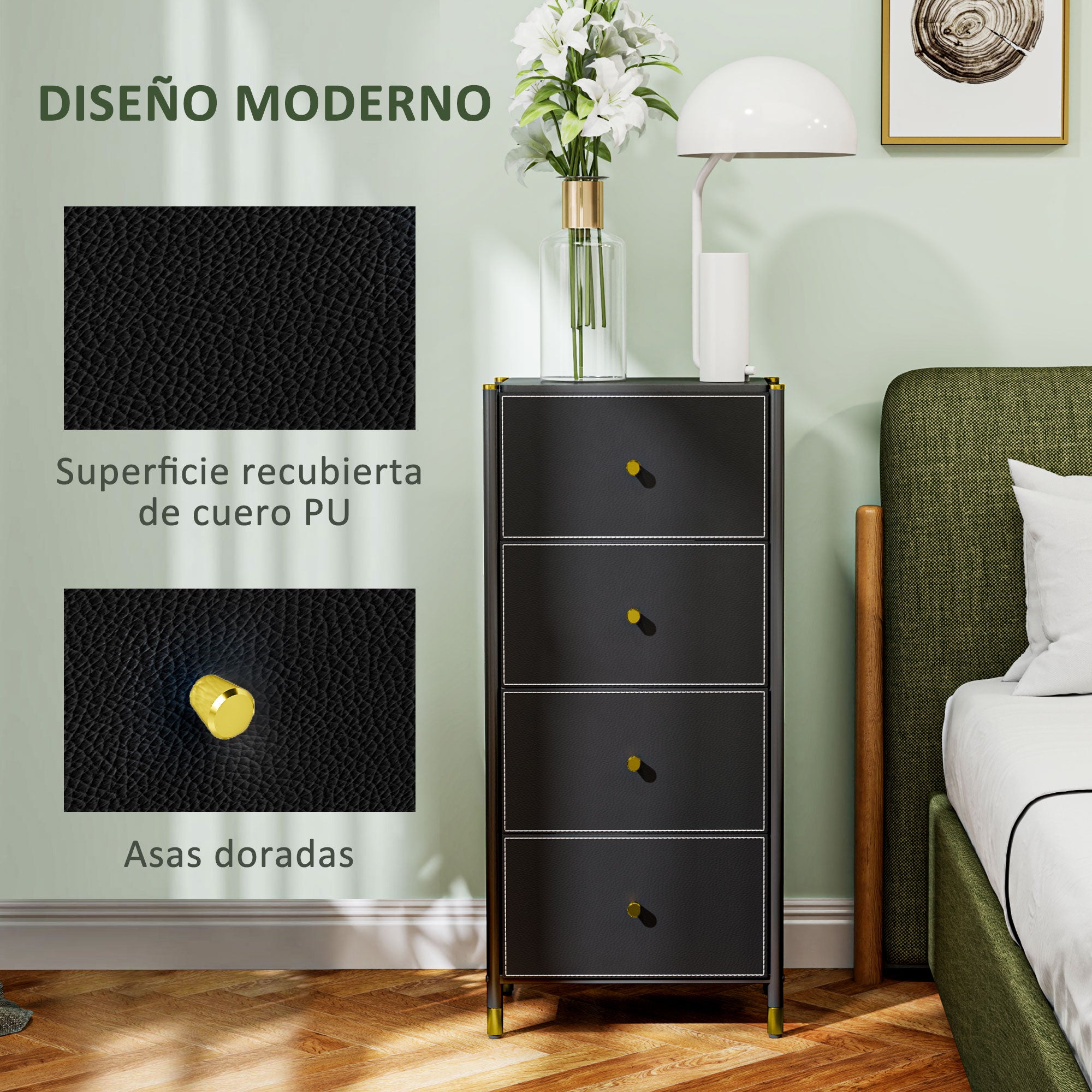Fabric Chest of Drawers with 4 Foldable Drawers with PU Fronts and Steel Frame for Bedroom Living Room Black