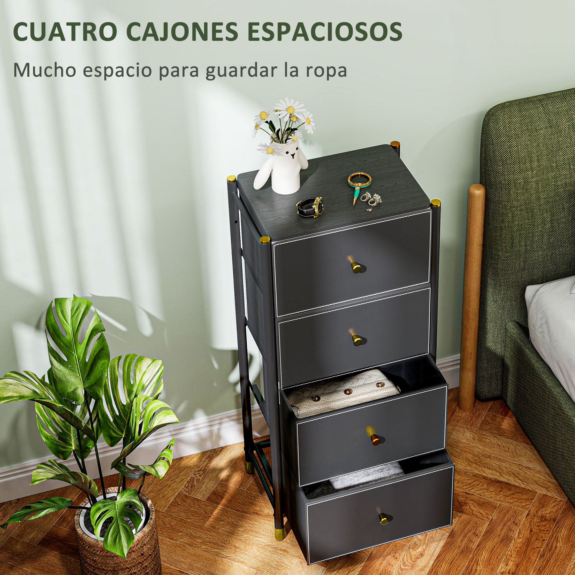 Fabric Chest of Drawers with 4 Foldable Drawers with PU Fronts and Steel Frame for Bedroom Living Room Black