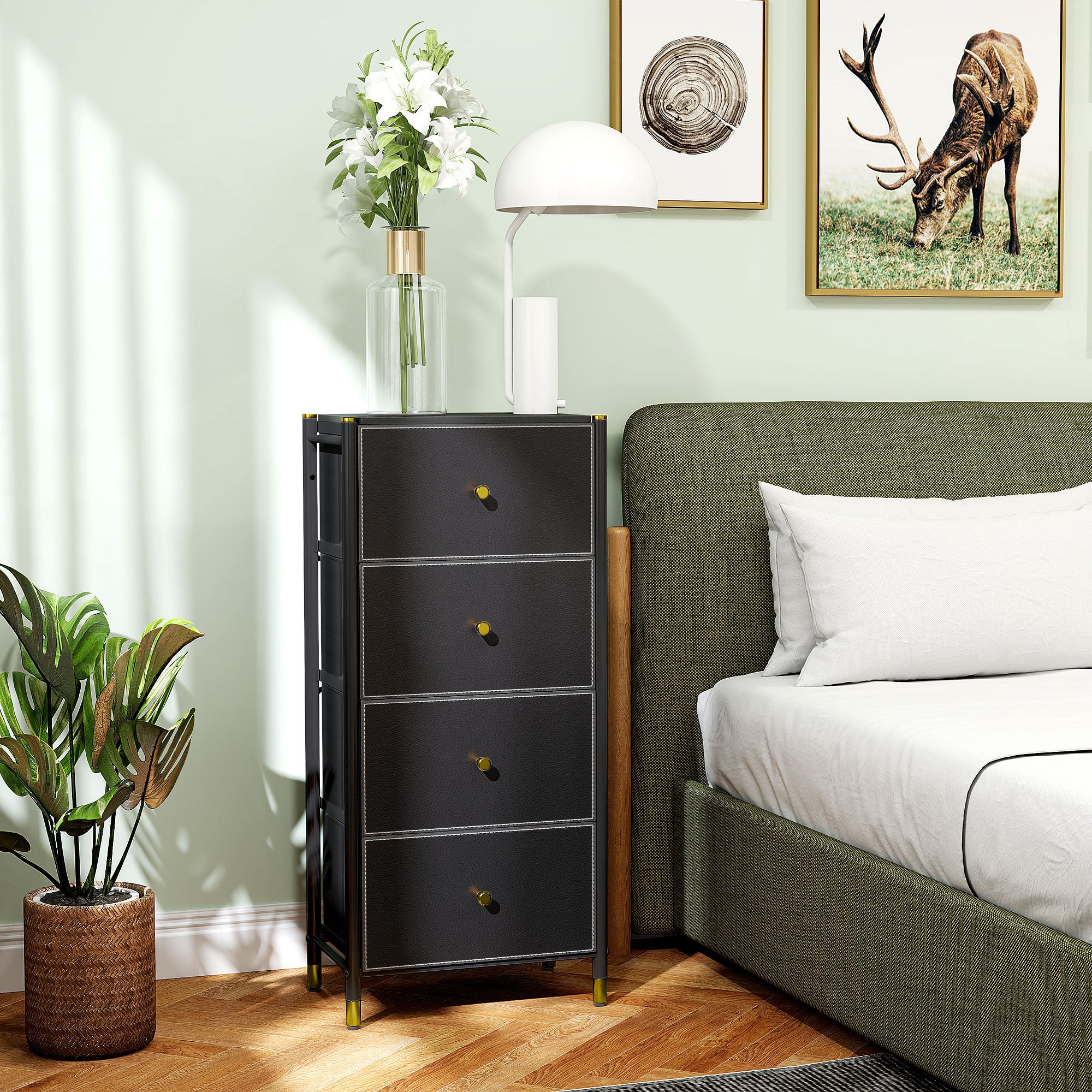 Fabric Chest of Drawers with 4 Foldable Drawers with PU Fronts and Steel Frame for Bedroom Living Room Black