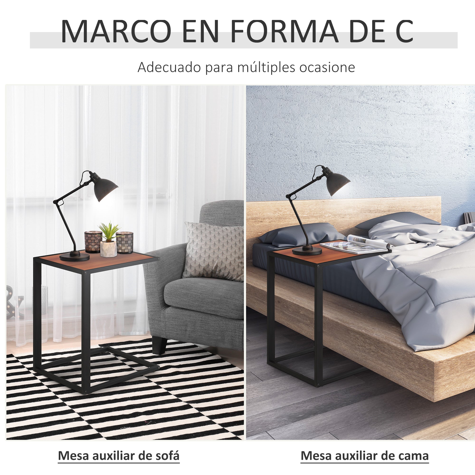 Small Side Table for Sofa in C Shape Metal Frame and MDF Wood Board for Living Room 40.6x50.8x64.2 cm Walnut