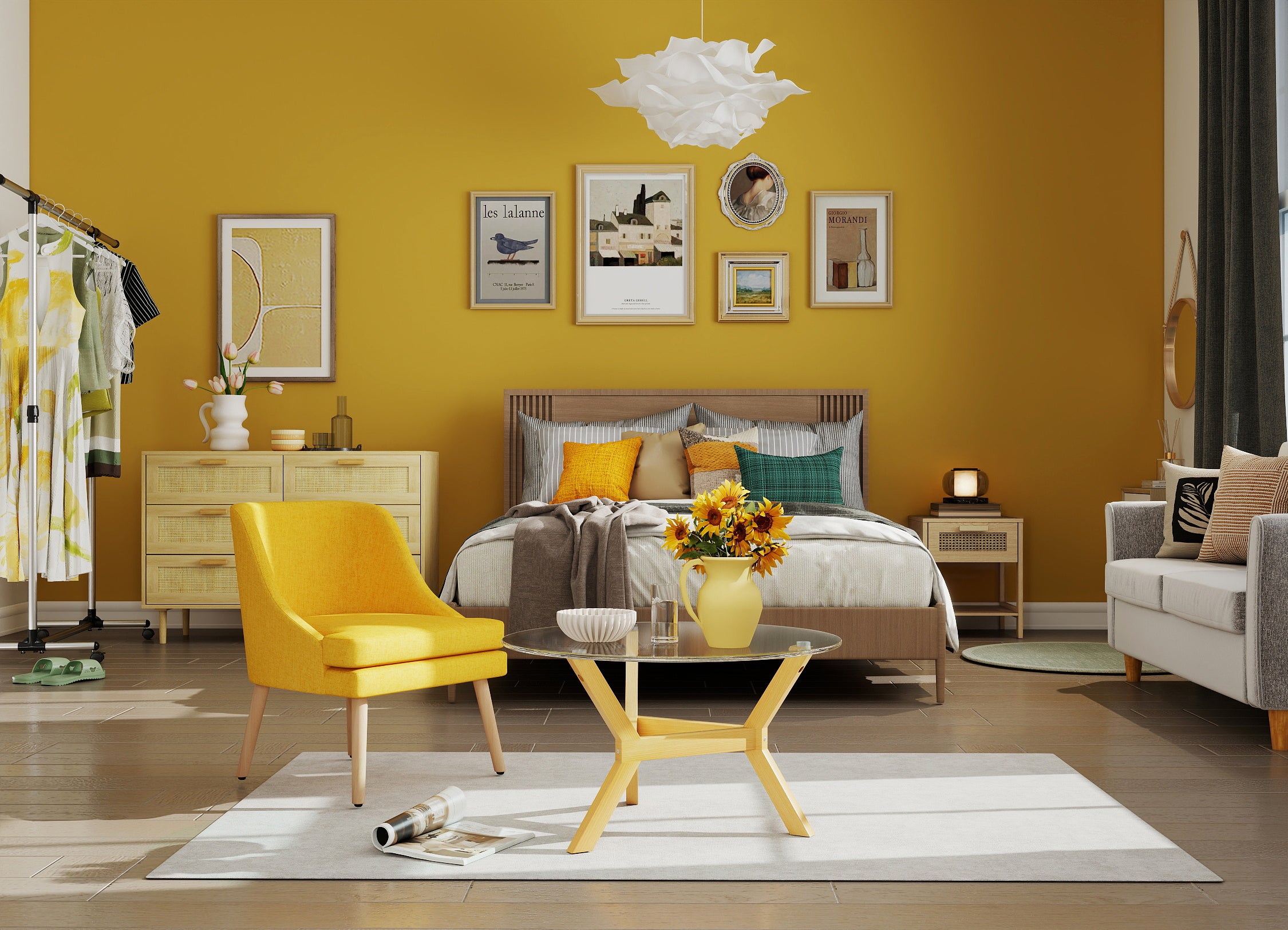 Modern bedroom with yellow walls, furniture, and decor.
