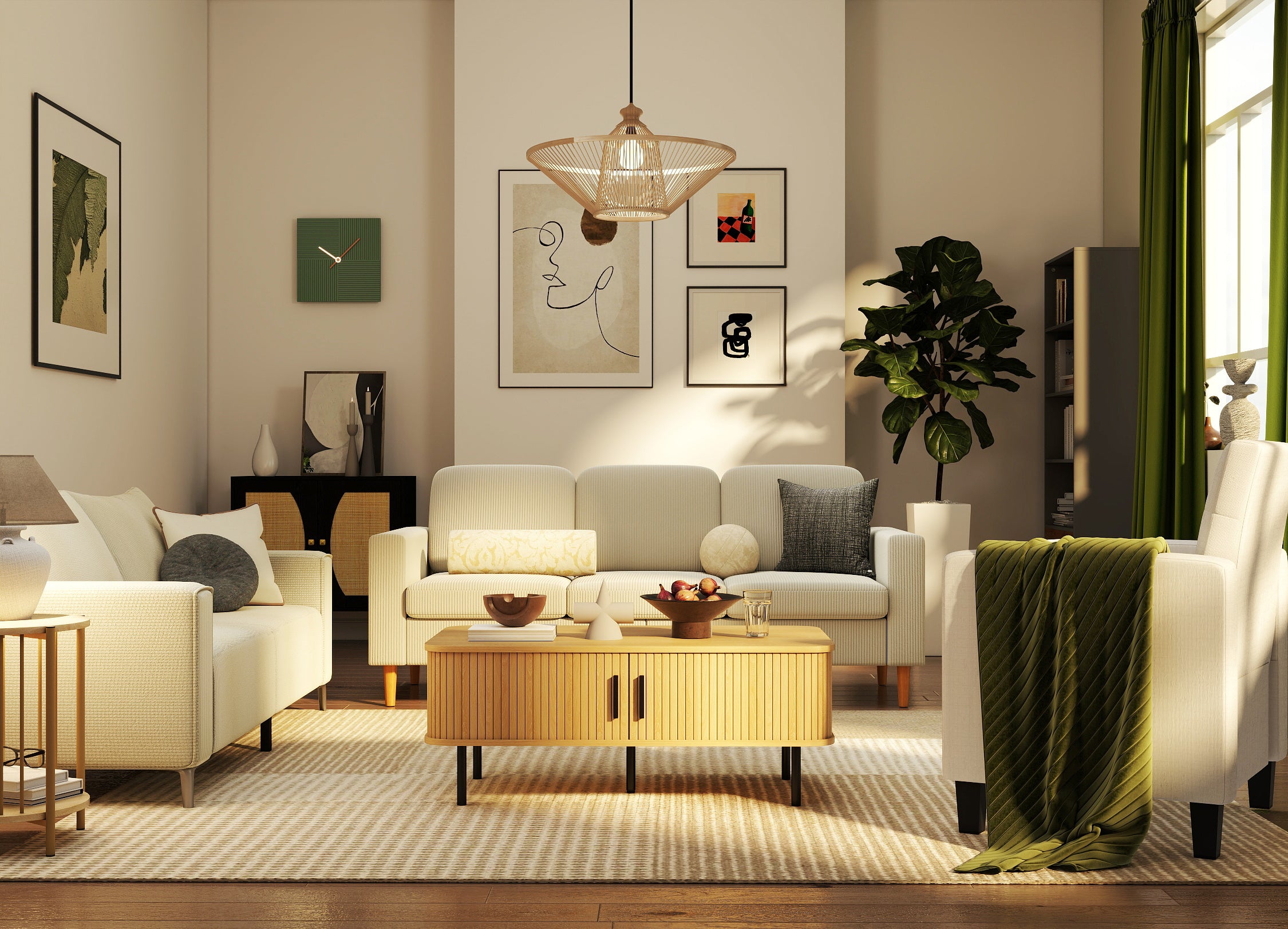 Modern living room with white sofas, a wooden coffee table, and decorative elements.