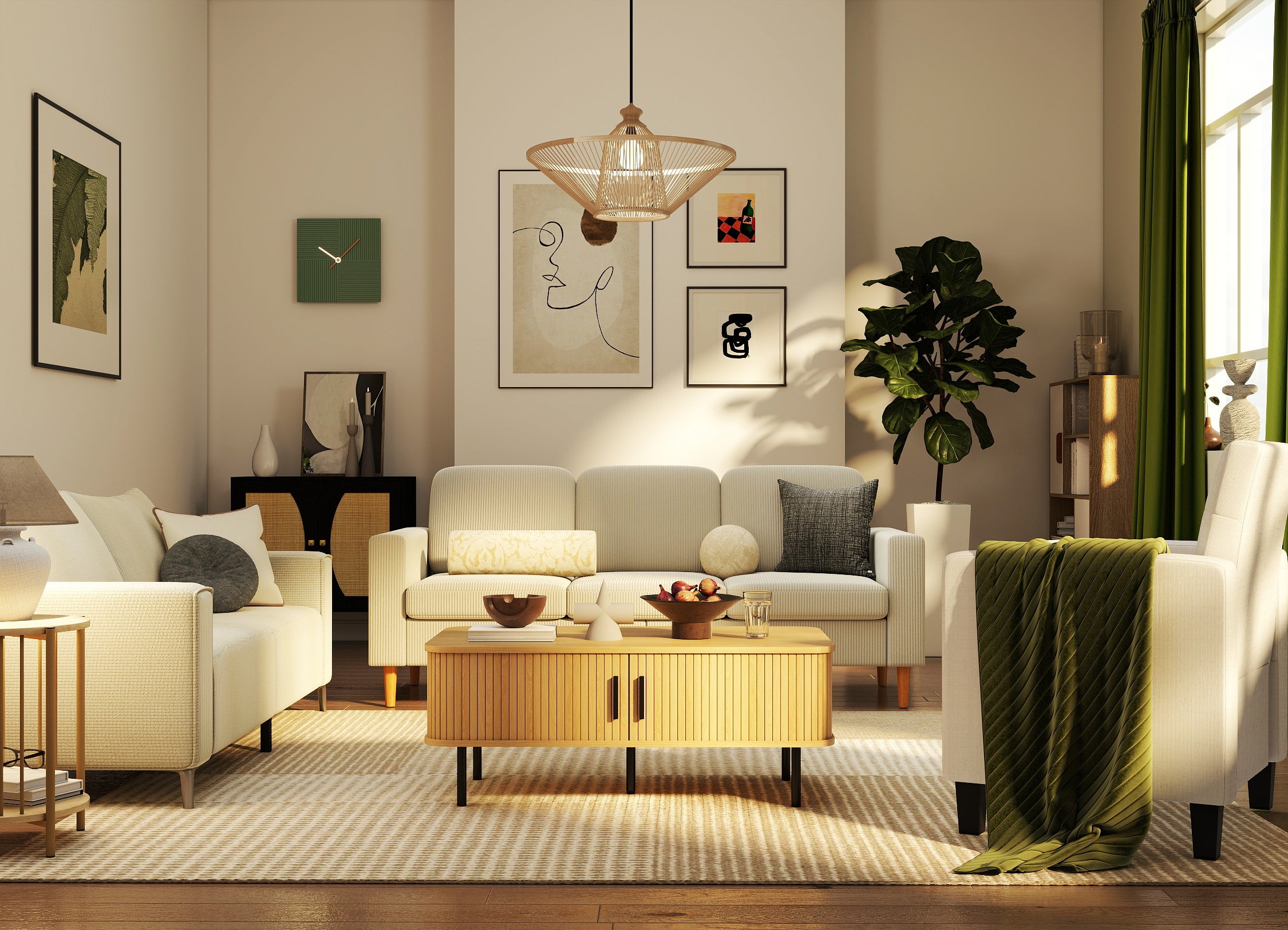 Modern living room with beige sofa, wooden coffee table, and decorative elements.