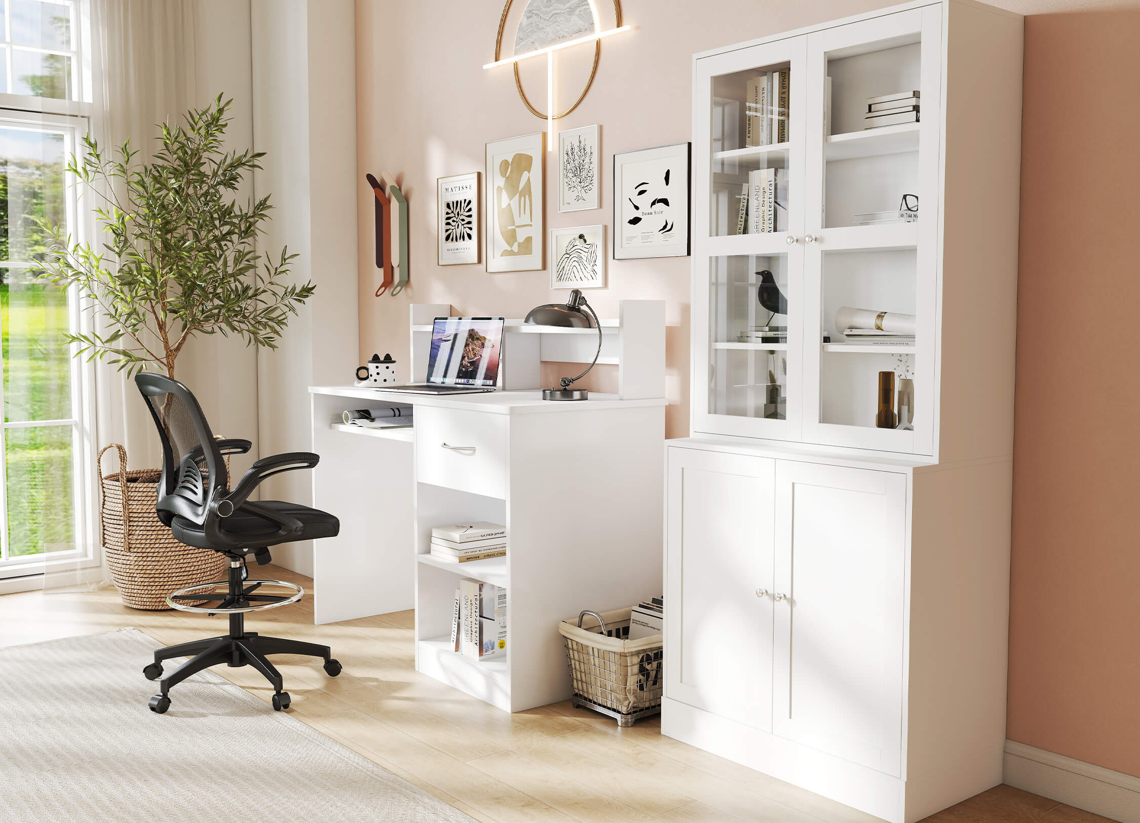 Modern home office with white furniture, desk, and chair.