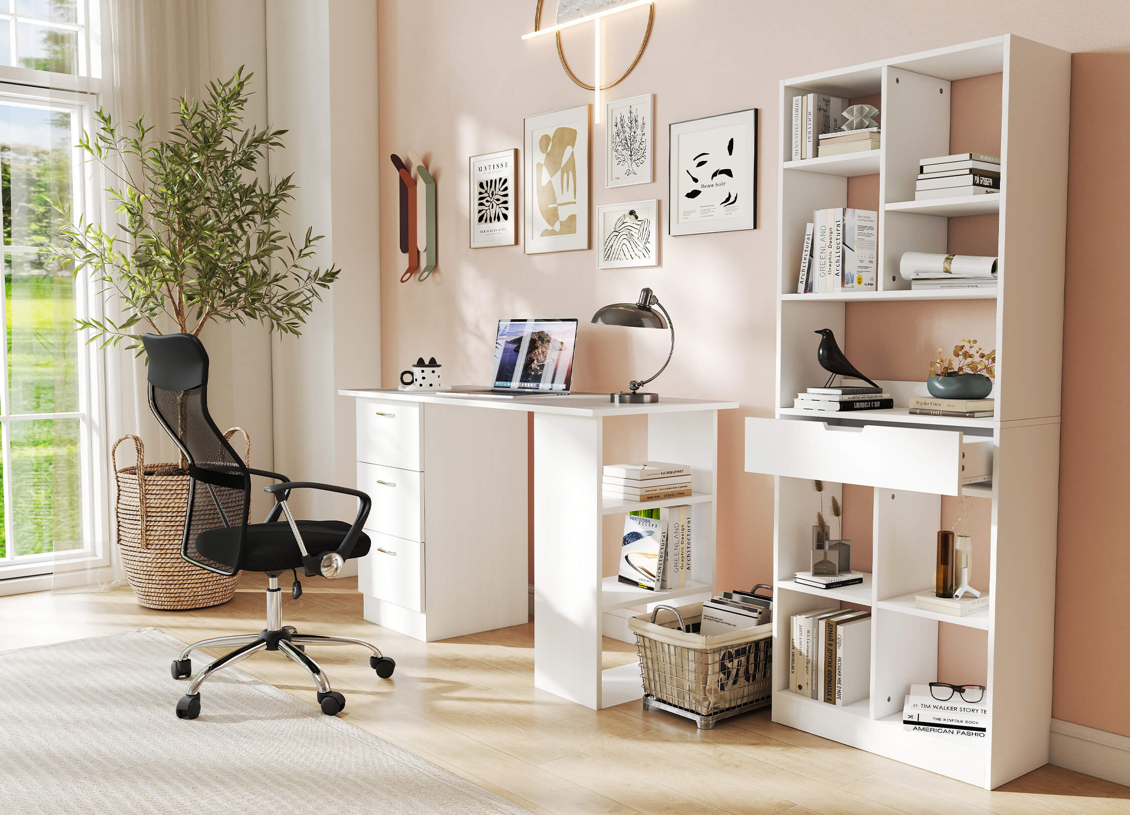 Modern home office with white desk, bookshelf, and chair.