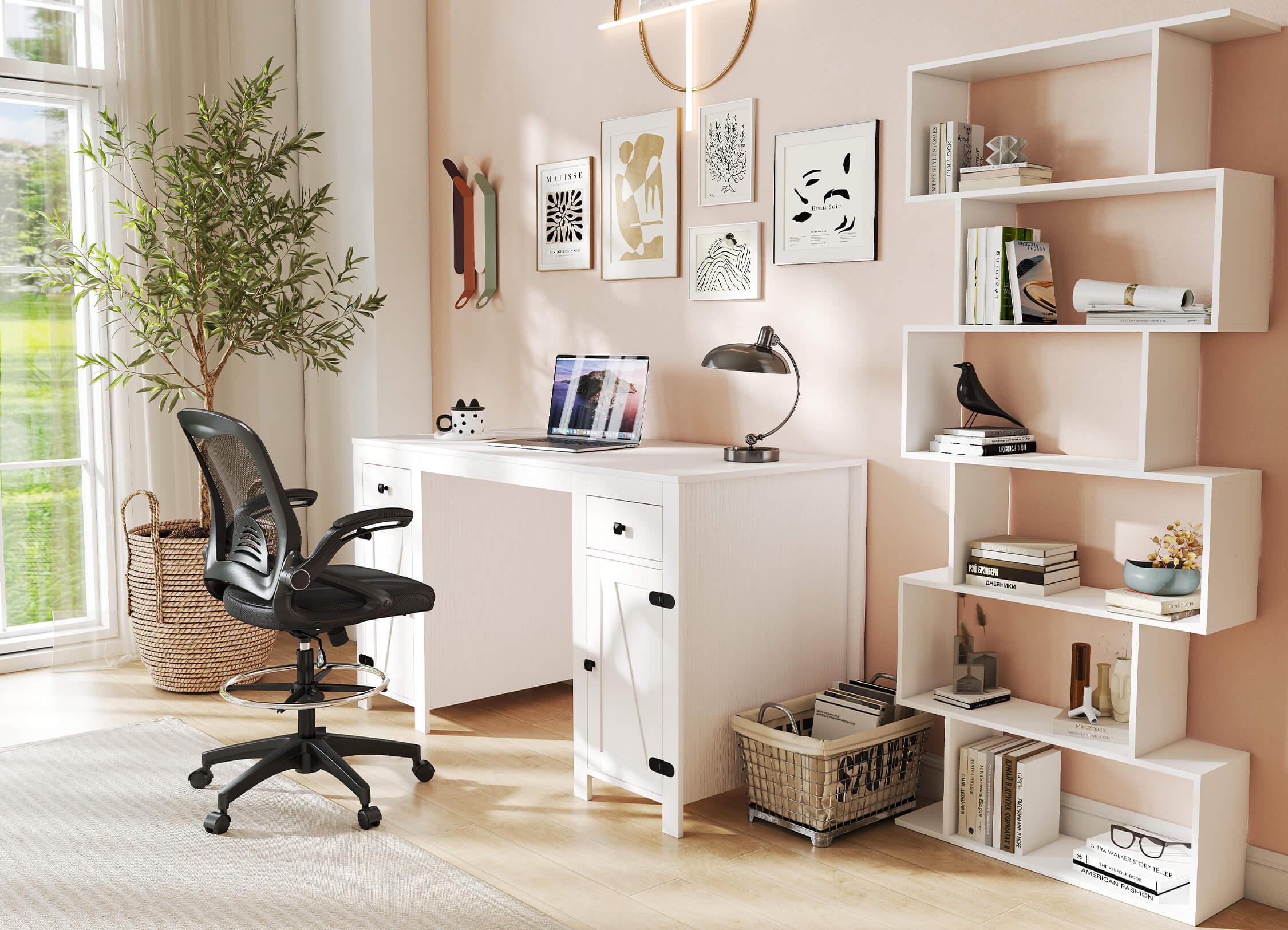 Modern home office with white desk, chair, and bookshelf.