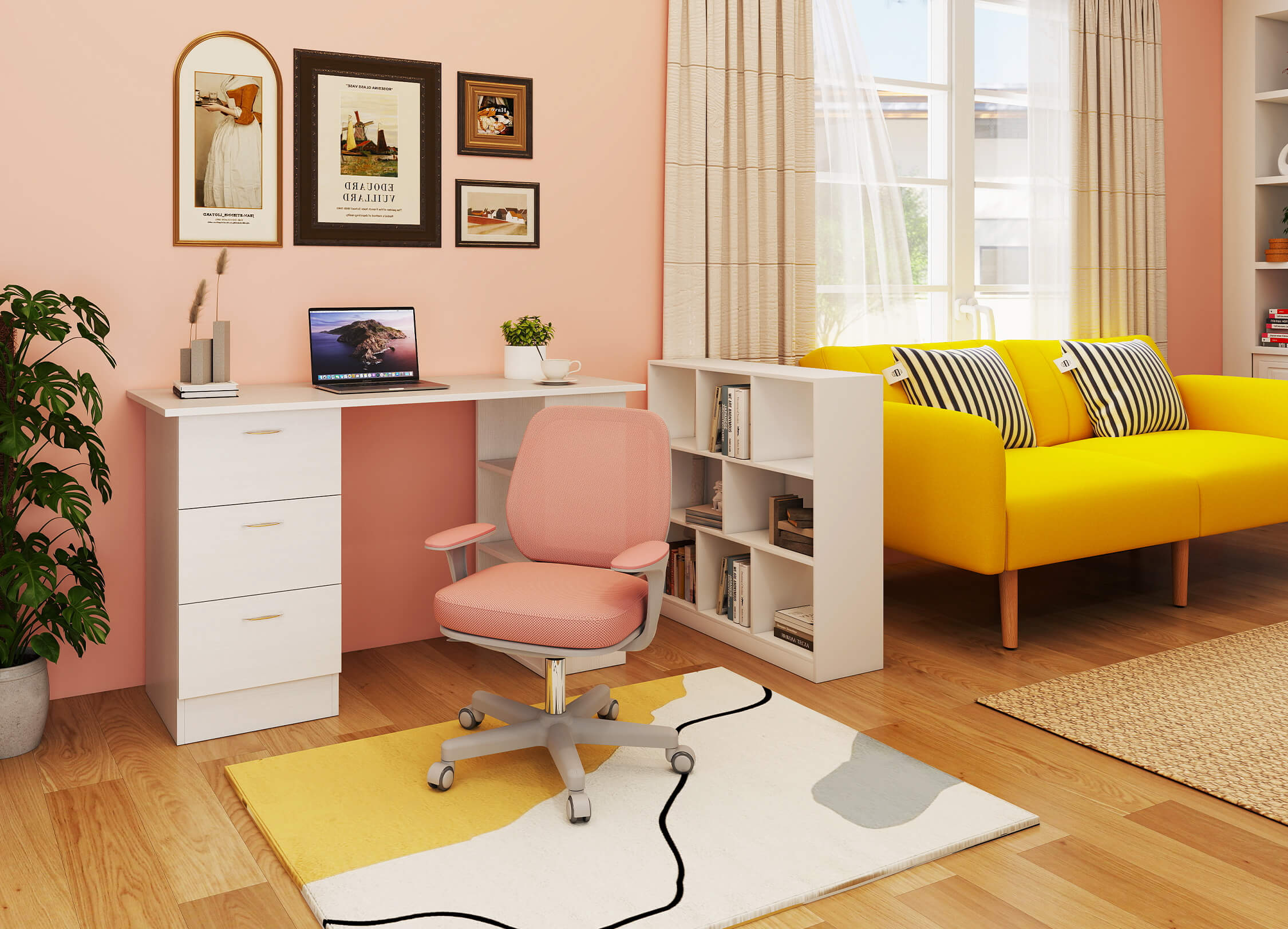 Modern living room with a yellow sofa, pink office chair, and white desk.