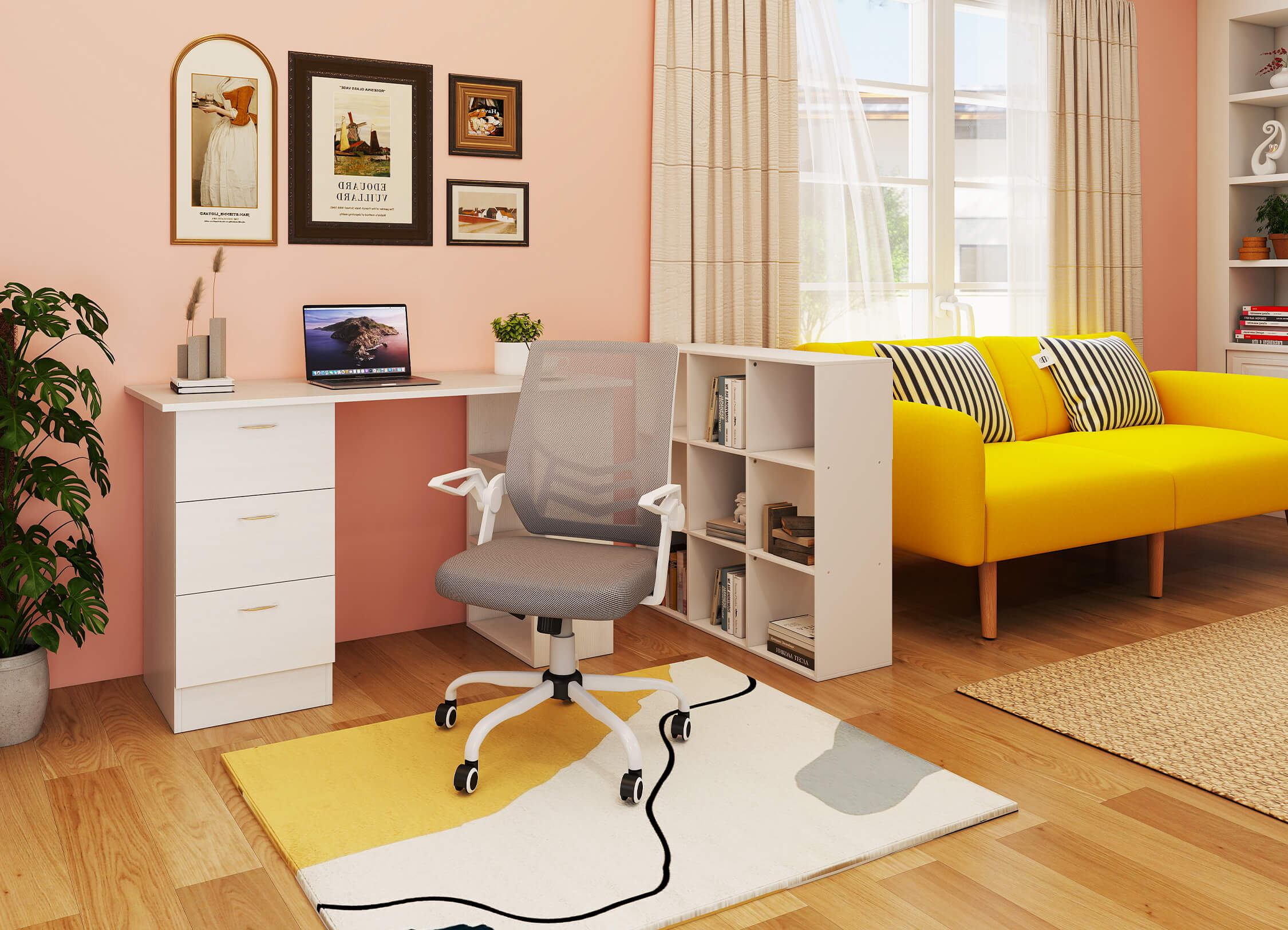Modern living room with yellow sofa, white desk, and gray chair.