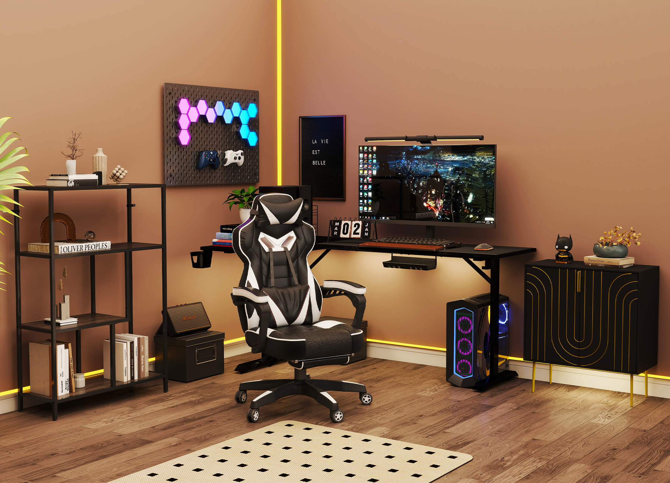 Modern gaming room with a desk, chair, and computer setup.