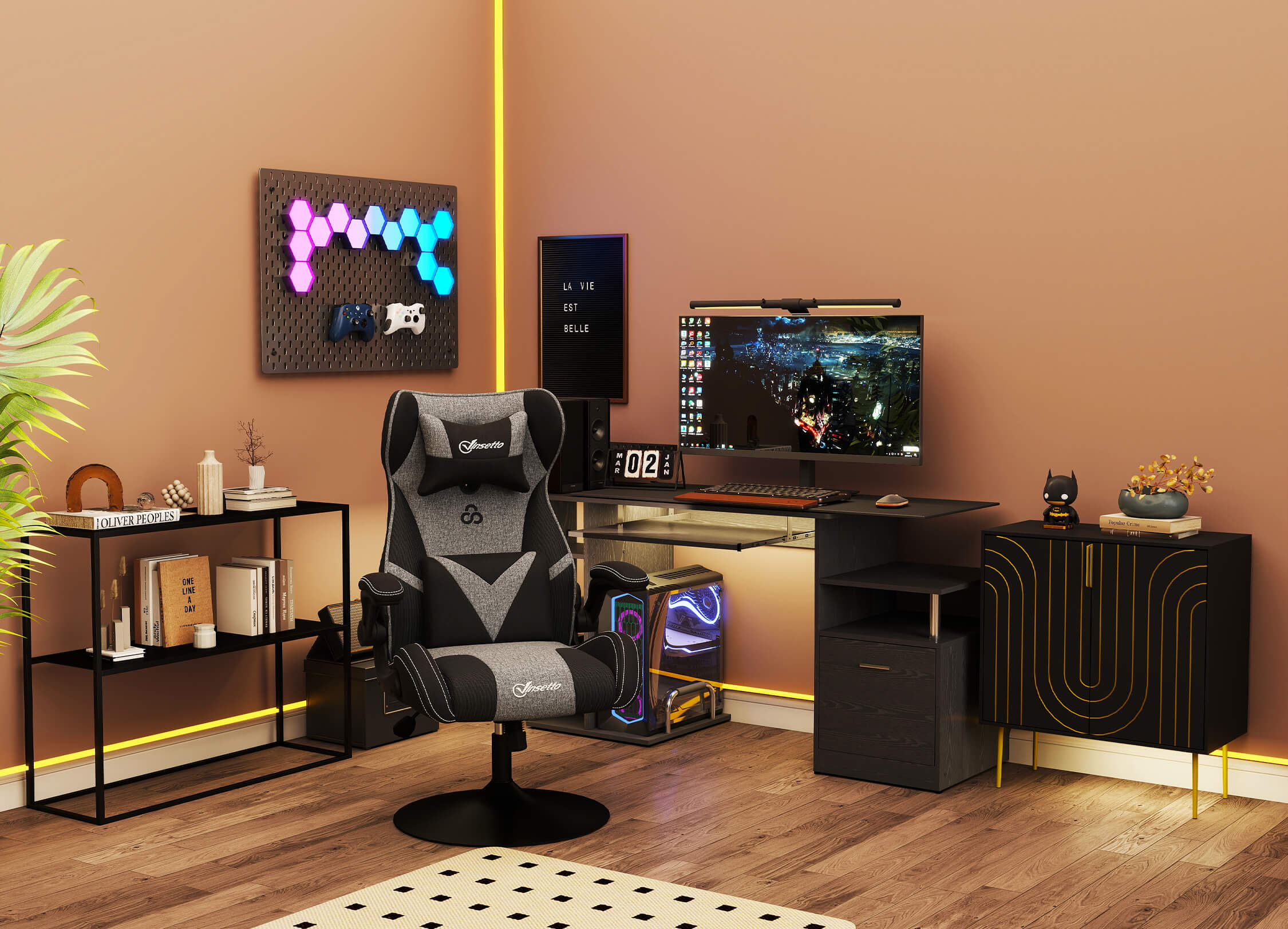Gaming setup with chair, desk, and computer equipment in a room.