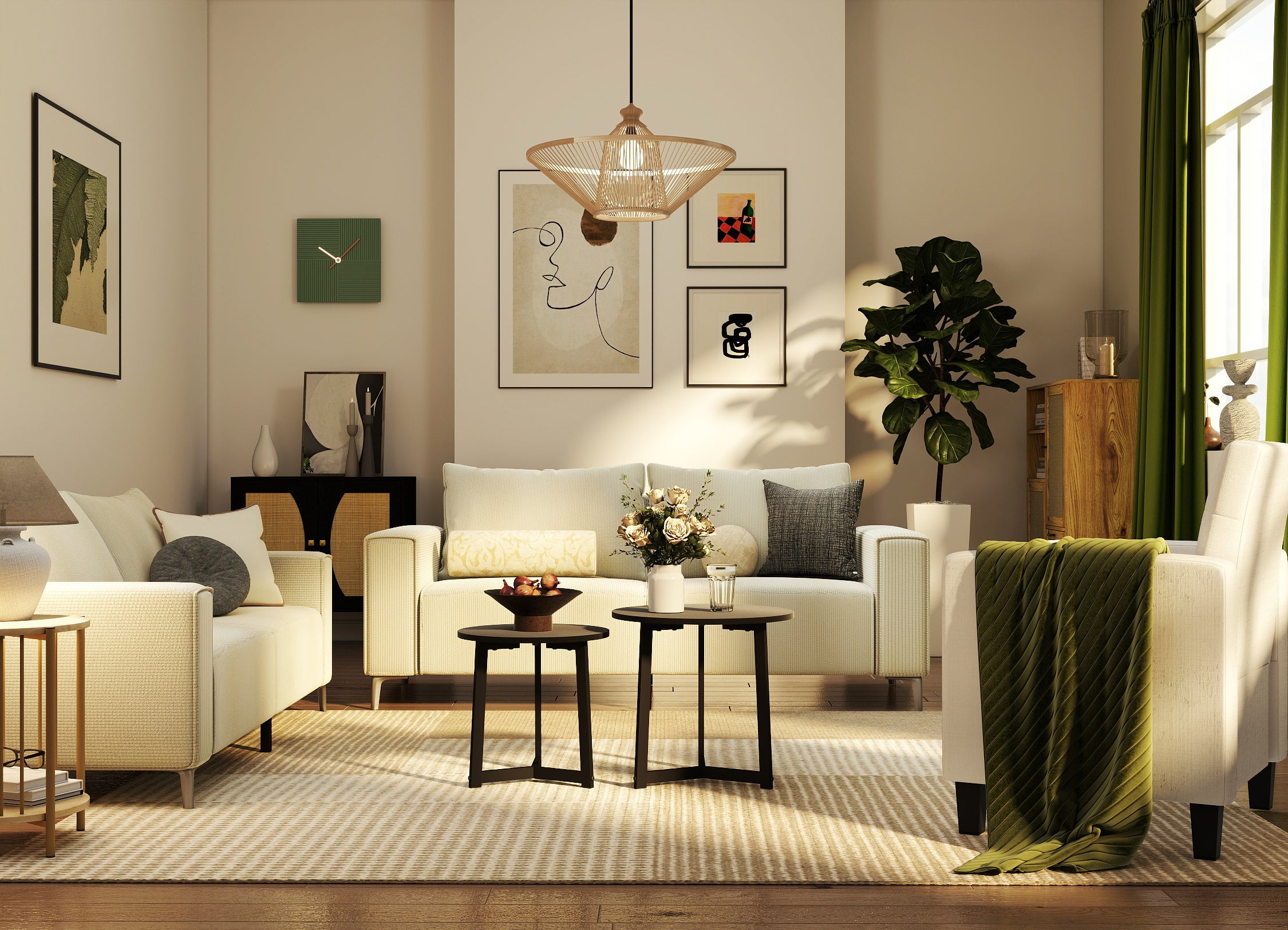Modern living room with white sofa, decorative pillows, and a stylish lamp.