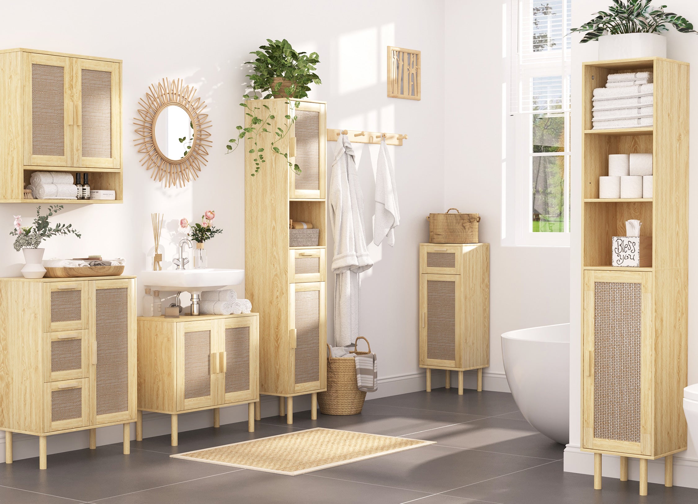 Bathroom interior with wooden cabinets and a freestanding bathtub.