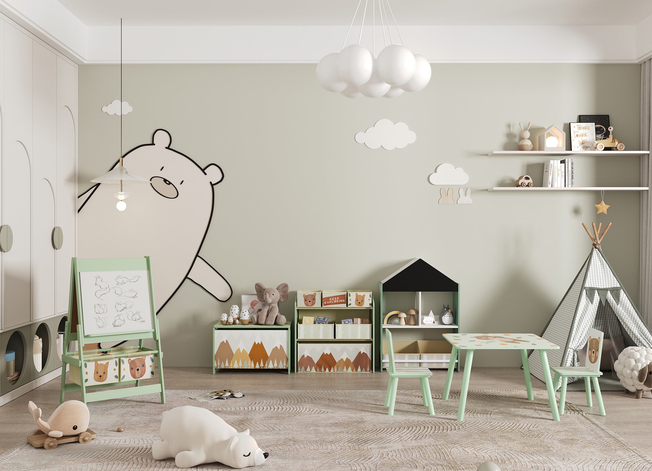 Children's playroom with green furniture, toys, and decorative elements.