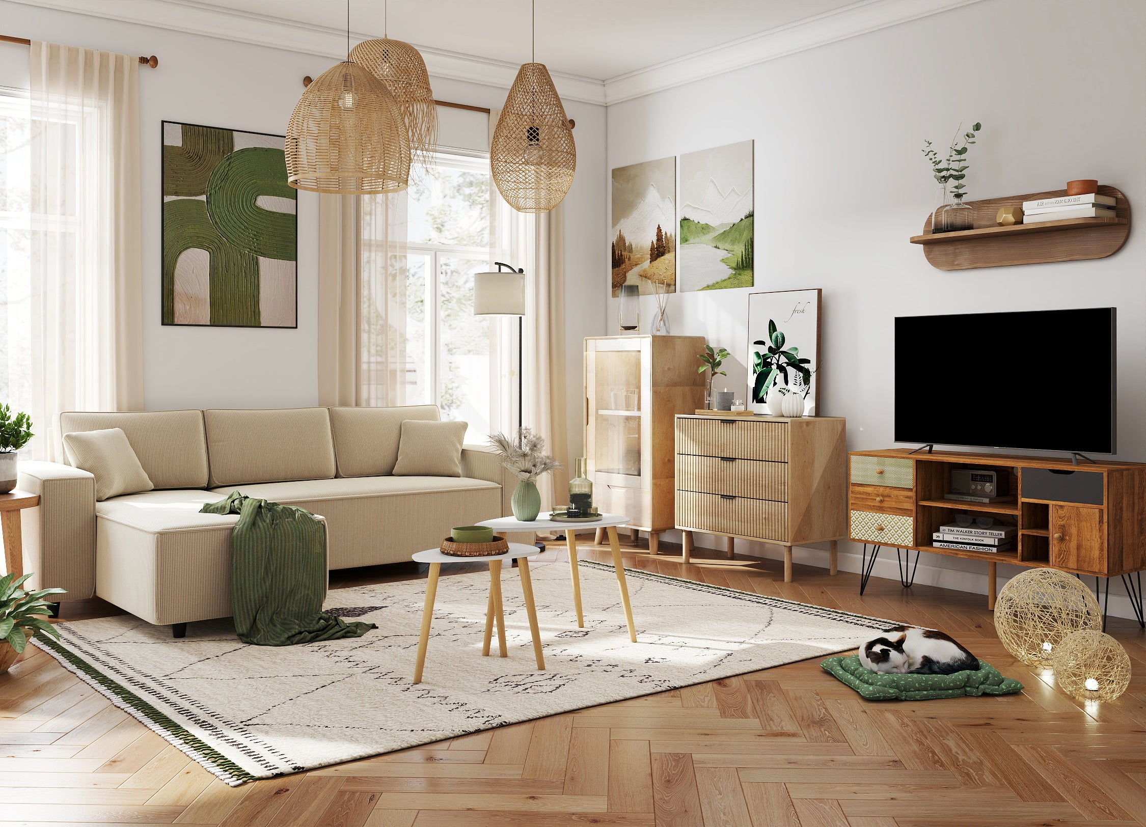 Modern living room with beige sectional sofa, wooden coffee table, and decorative elements.
