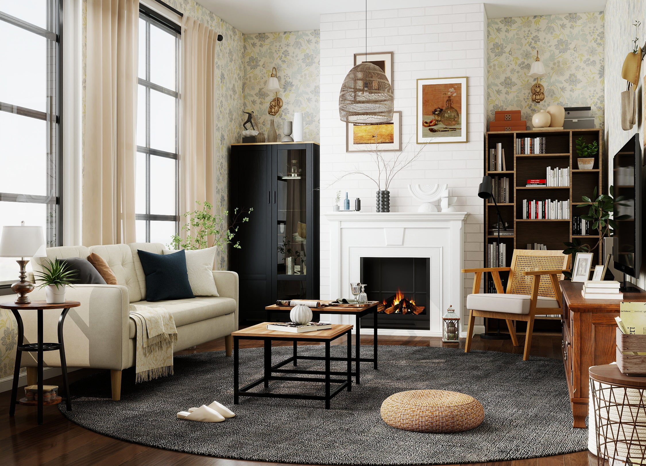 Living room with a fireplace, bookshelf, and various decor items.