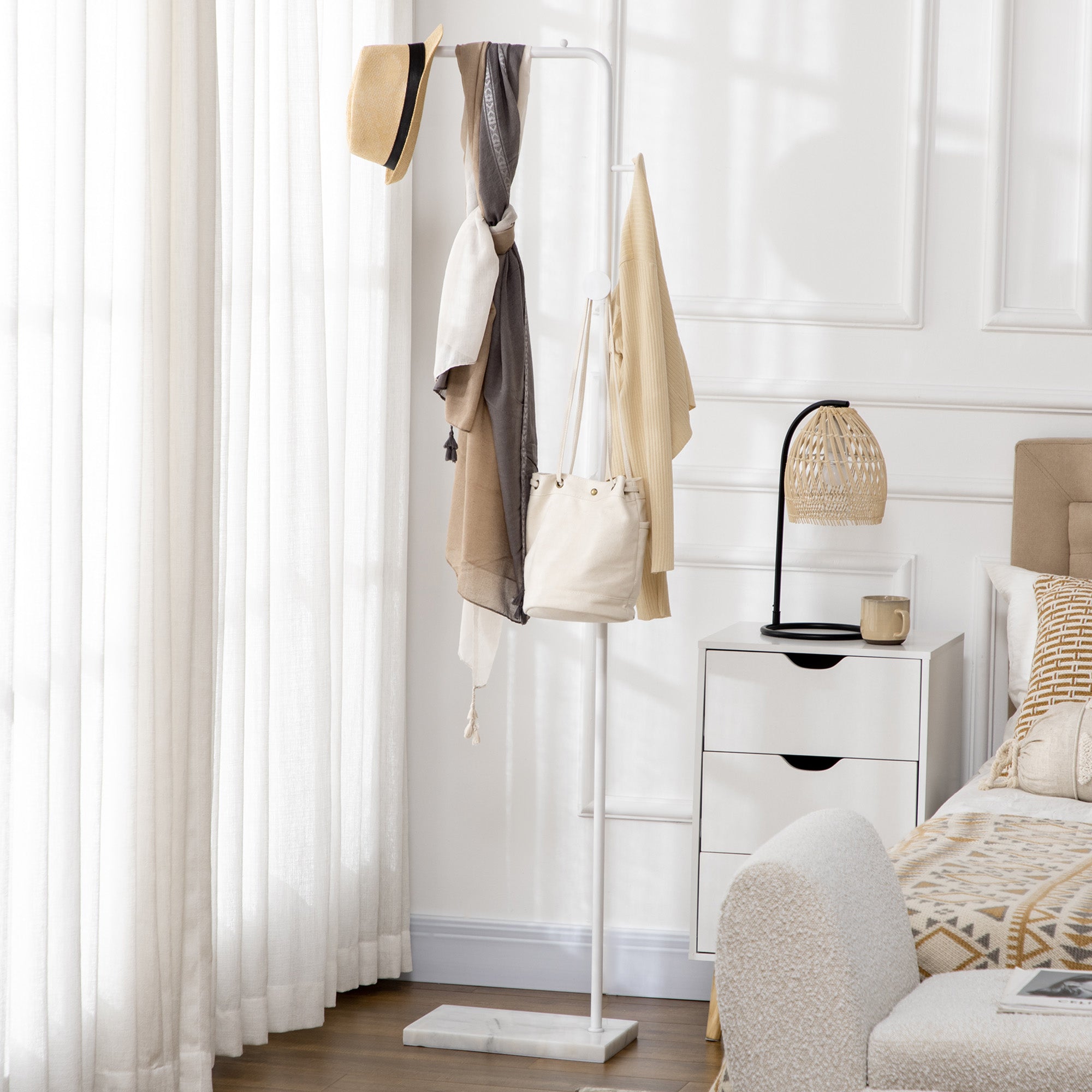 Coat Rack with Marble Base Modern Coat Stand with 2 Round Hooks Hangers for Bedroom Hallway Entryway 35x25x170 cm White