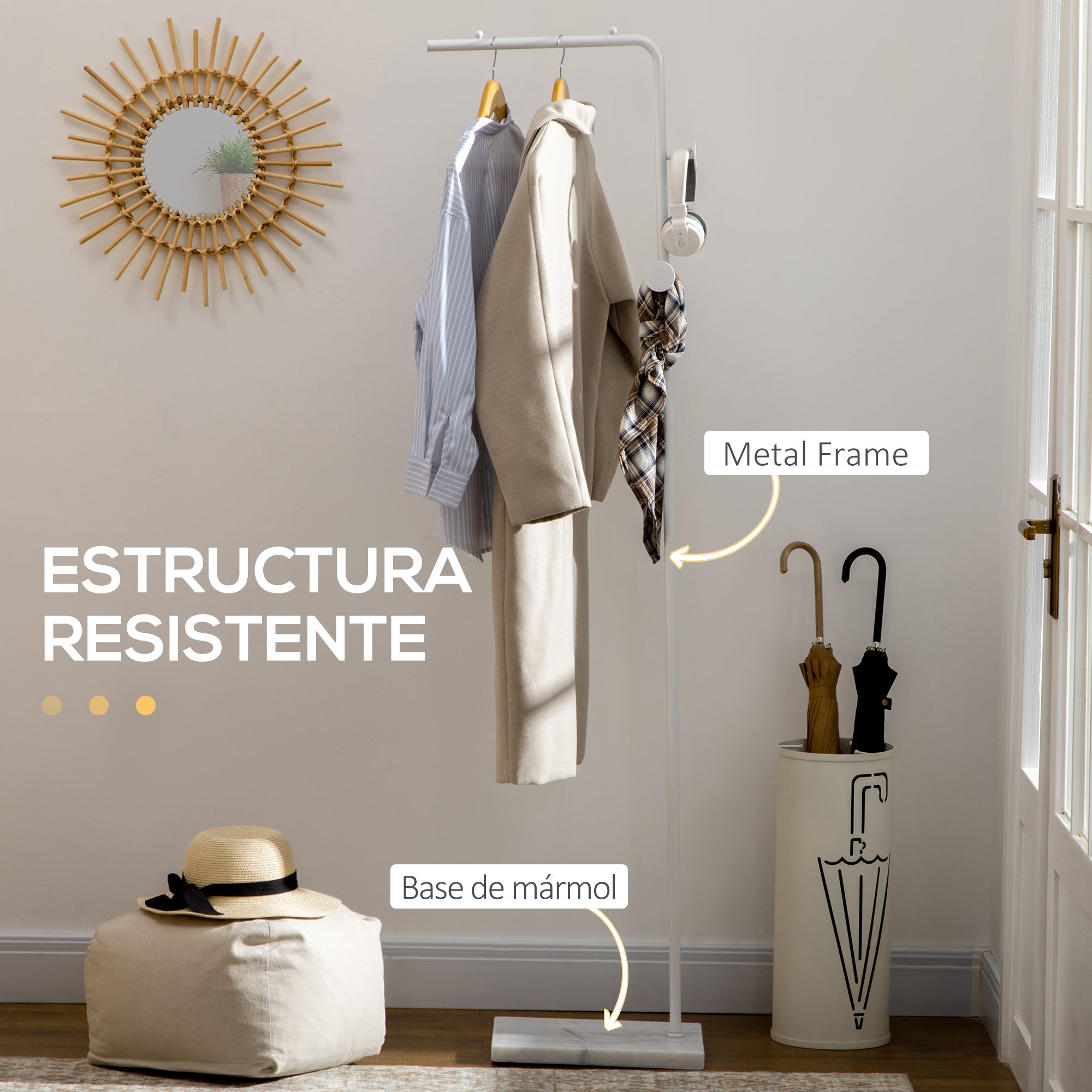 Coat Rack with Marble Base Modern Coat Stand with 2 Round Hooks Hangers for Bedroom Hallway Entryway 35x25x170 cm White