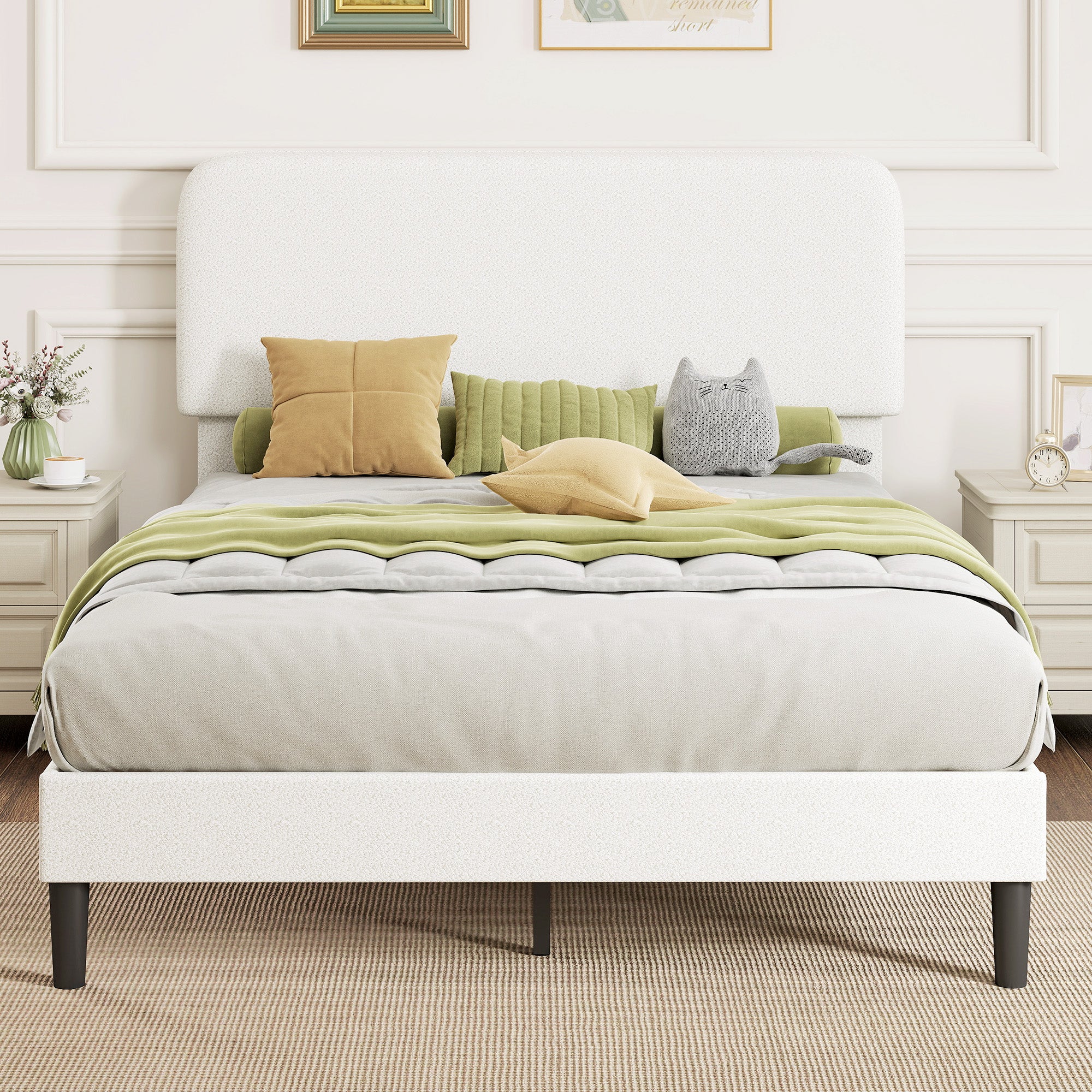 Upholstered Platform Bed 140 x 200 cm (55 x 79 in) with Adjustable Padded Teddy-Fleece Headboard — Metal Frame, White