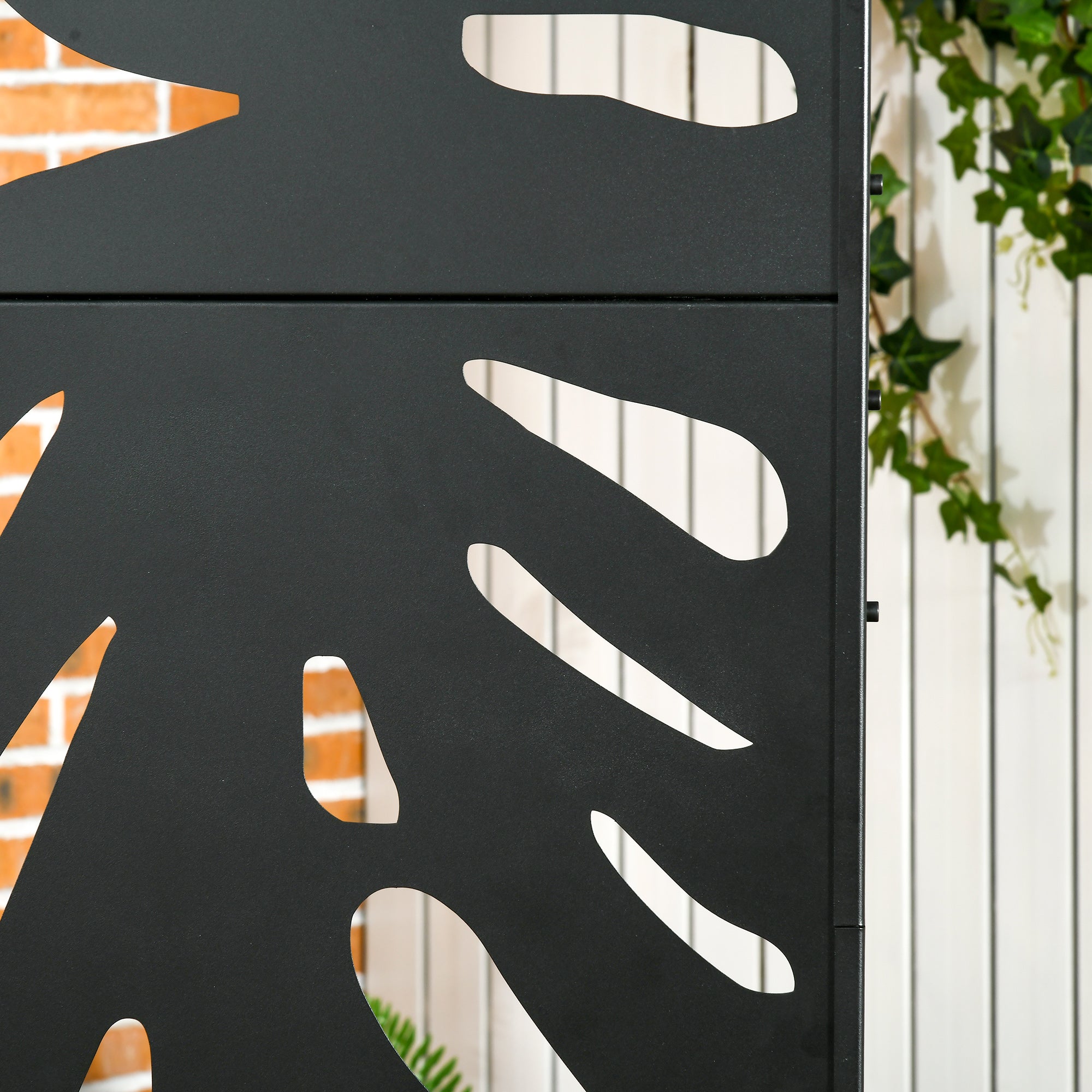 Garden Privacy Screen 122 x 198 cm Balcony Privacy Screen with Stand, Partition, Room Divider with Leaf Pattern for Terrace, Garden, Steel, Black