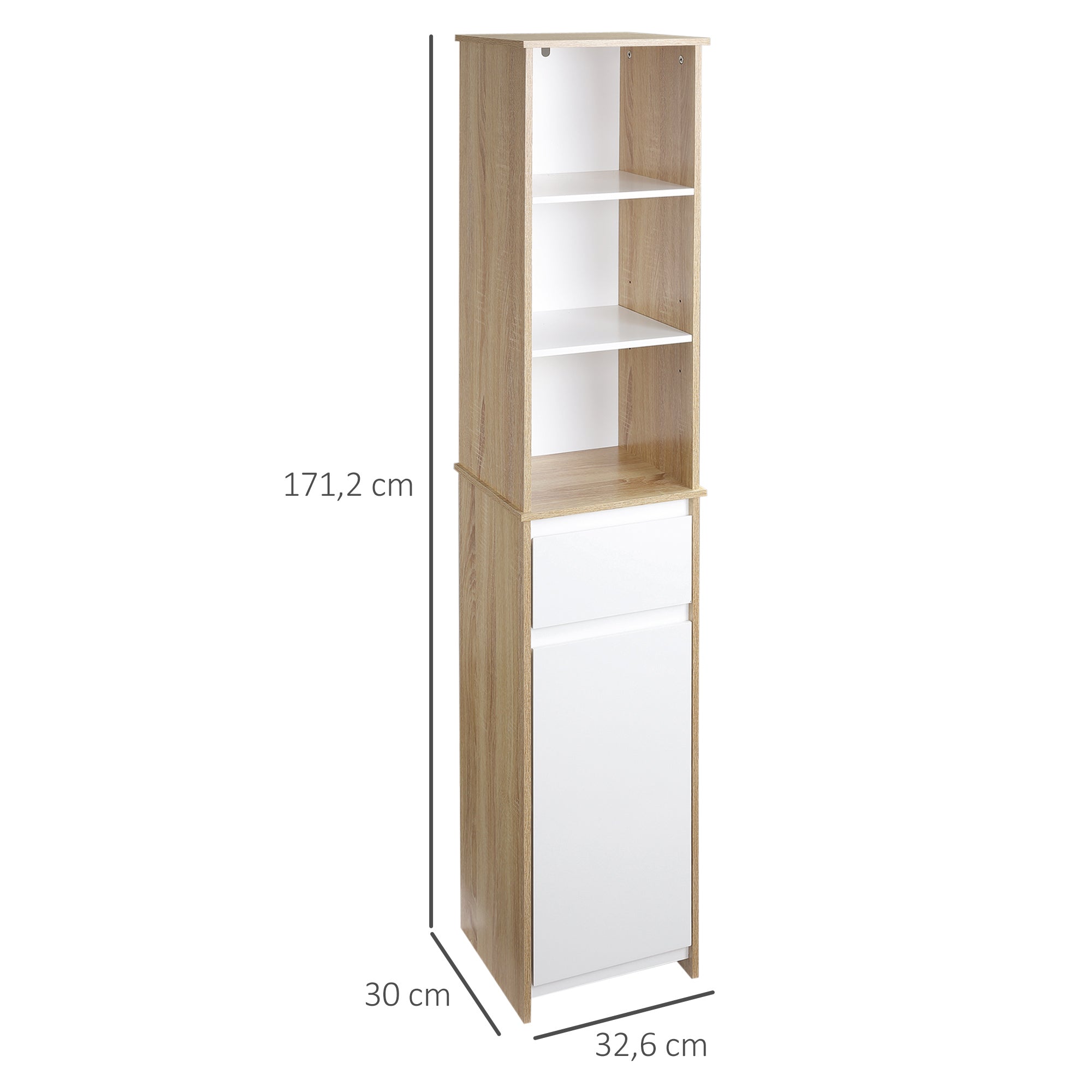 Tall Bathroom Cabinet Column Cabinet with 1 Door Drawer and 3 Shelves Adjustable Shelf for Kitchen Living Room 32.6x30x171.2 cm Natural Wood and White
