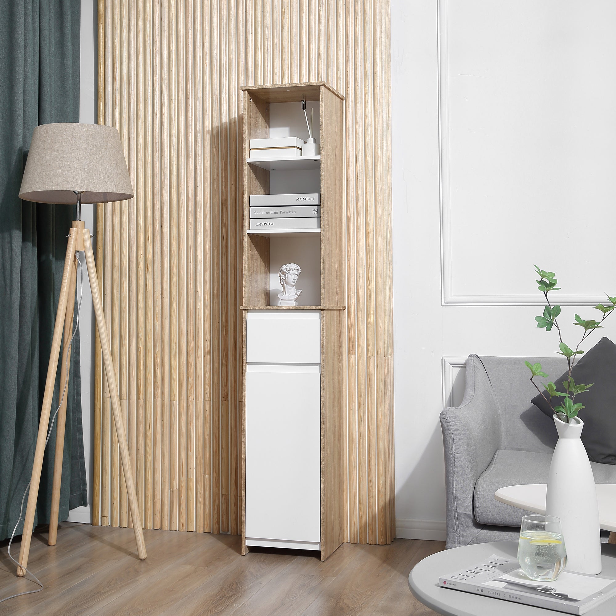 Tall Bathroom Cabinet Column Cabinet with 1 Door Drawer and 3 Shelves Adjustable Shelf for Kitchen Living Room 32.6x30x171.2 cm Natural Wood and White