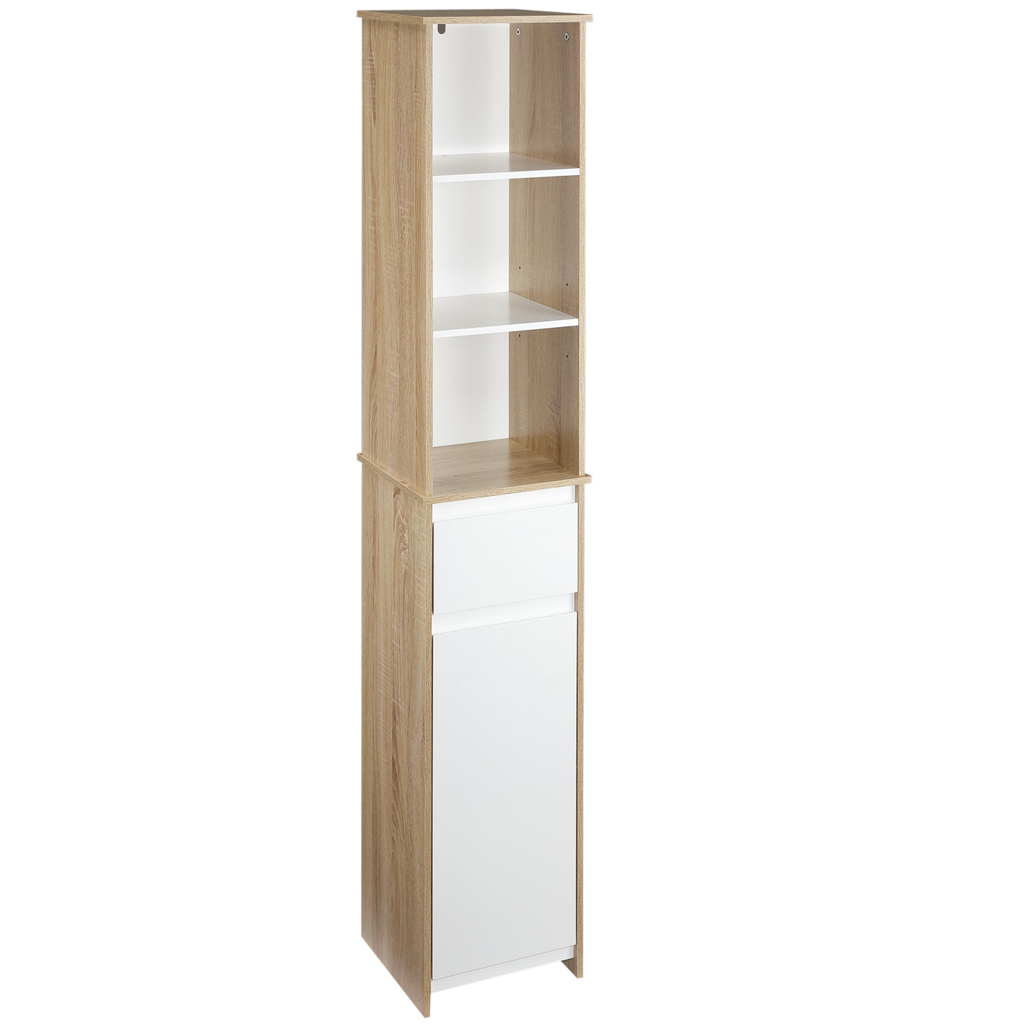 Tall Bathroom Cabinet Column Cabinet with 1 Door Drawer and 3 Shelves Adjustable Shelf for Kitchen Living Room 32.6x30x171.2 cm Natural Wood and White