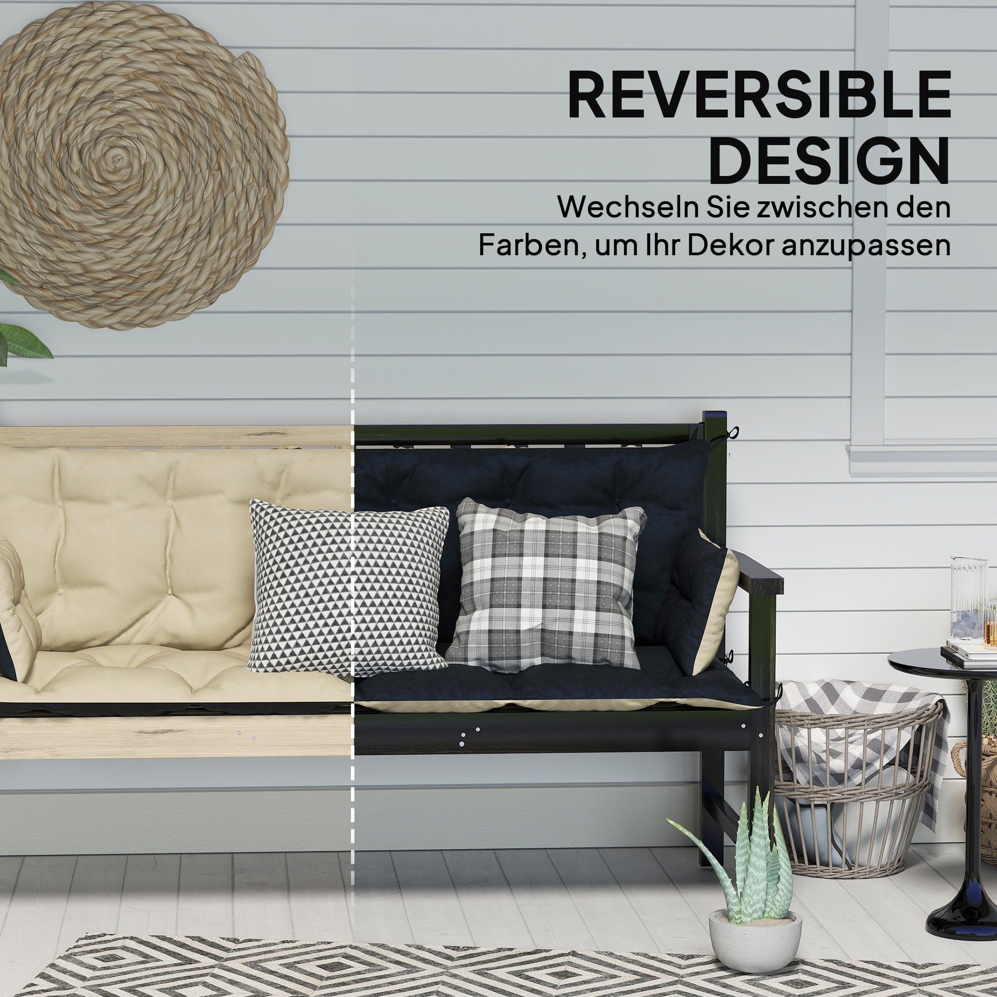 3 Seater Bench Cushion 180x110x8 cm Bench Pad with Straps, Seat Cushion, Outdoor/Indoor Chair Cushion, Seat Cover, Seat Padding, Bench Padding for Garden Furniture, Swing Seat, Beige + Black