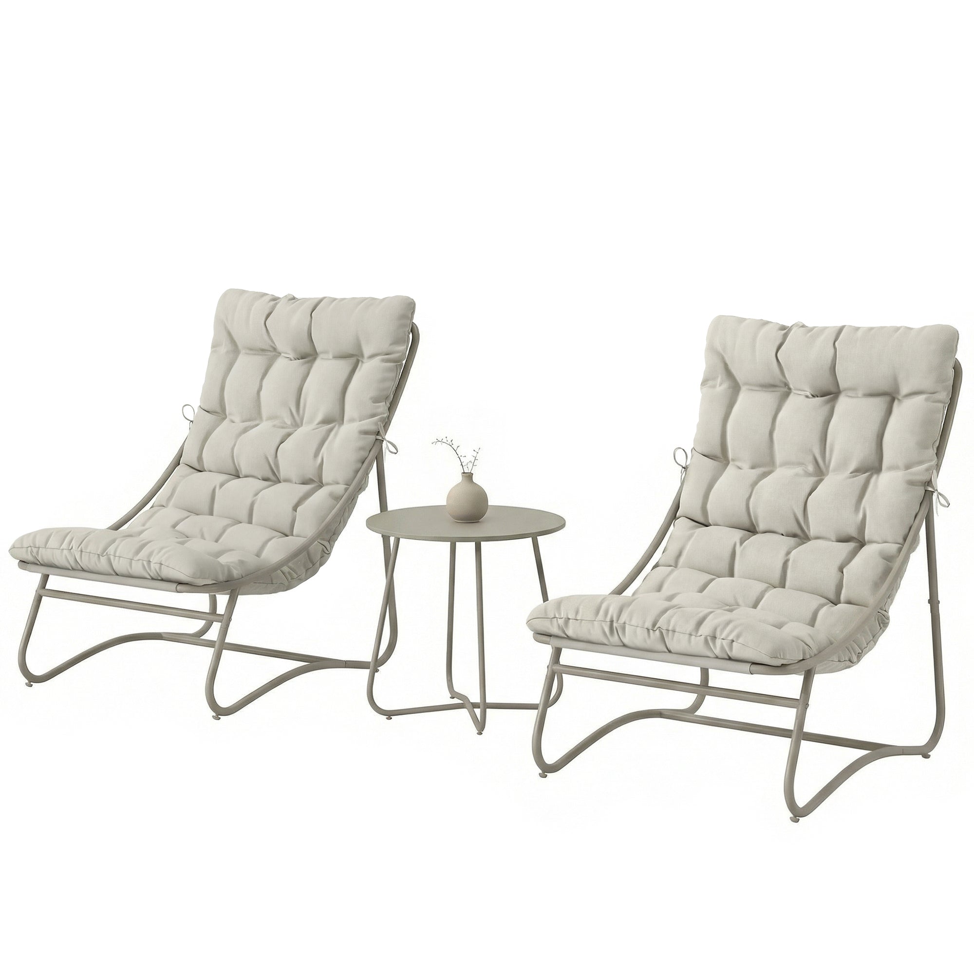 3-Piece Outdoor Bistro Set with Cushions — 2 Breathable Lounge Chairs & Round Coffee Table, Powder-Coated Galvanized Steel Frame, Light Gray