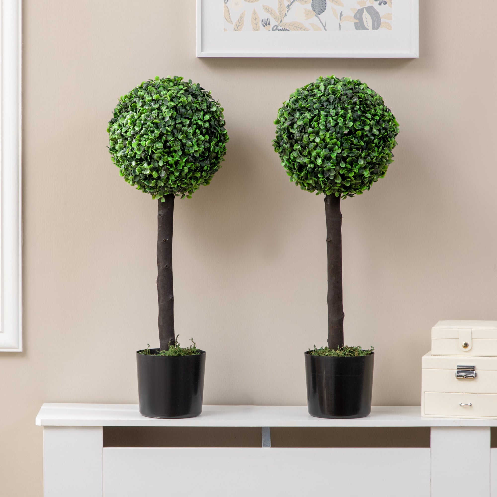Set of 2 Decorative Artificial Plants 60 cm Boxwood Ball Trees in Pots Fake Plants for Indoor and Outdoor Home Decoration Ø20x60 cm Green