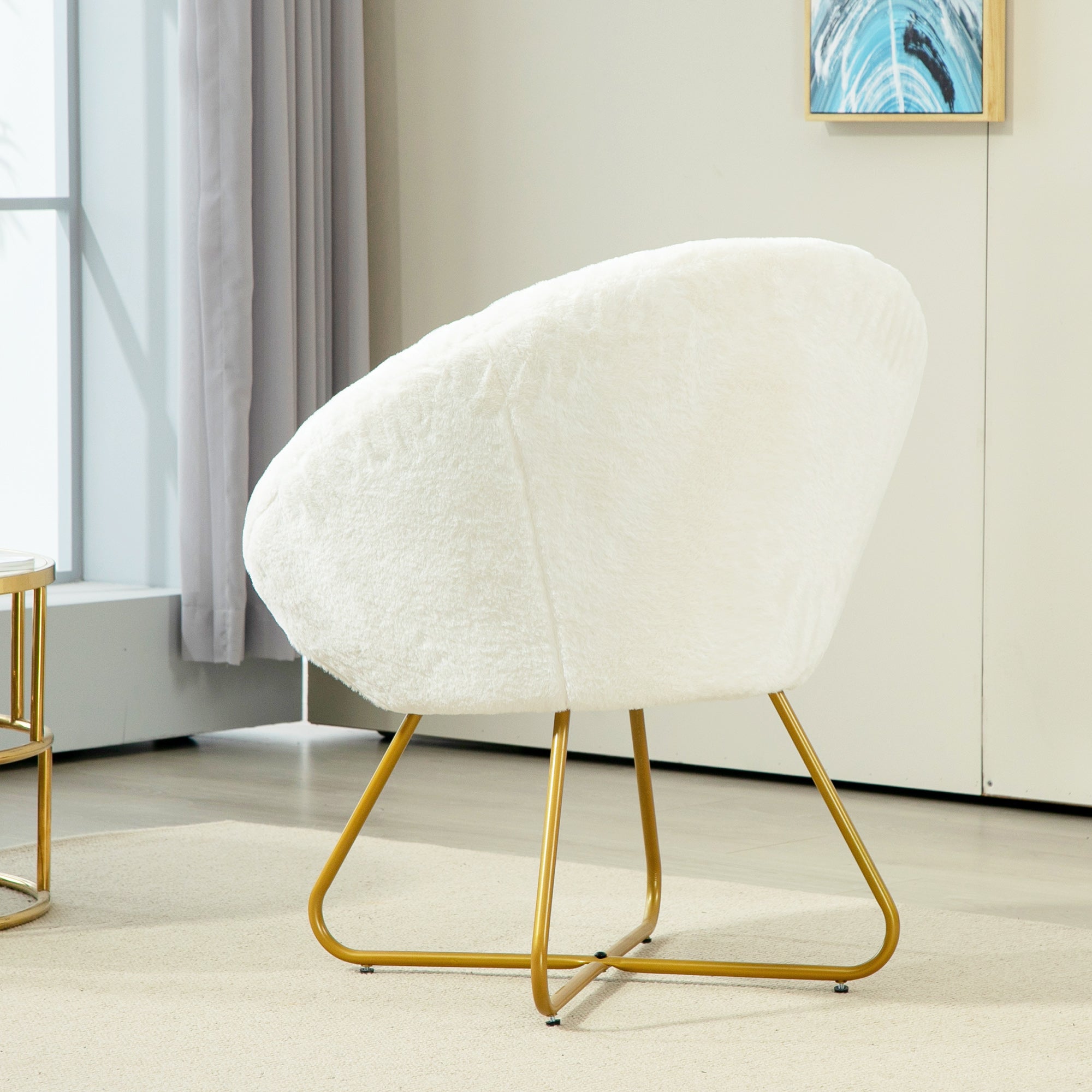 Bedroom Armchair in Faux Fur, Upholstered Living Room Armchair with Golden Metal Legs and Non-Slip Feet for Living Room, Dining Room, 75x66x79 cm, White