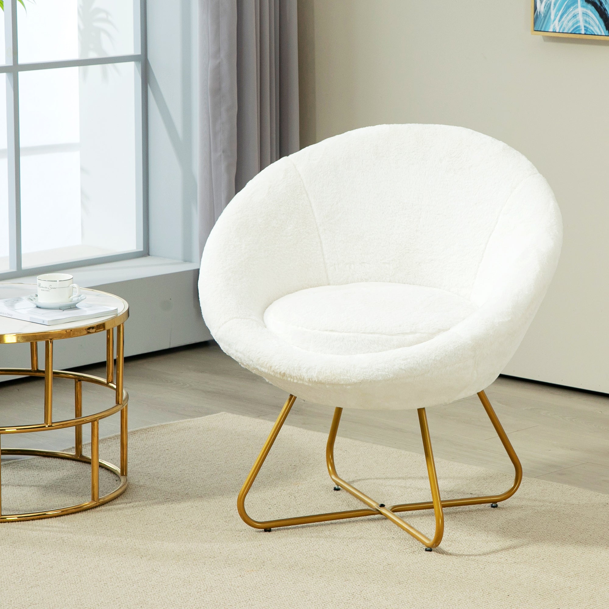Bedroom Armchair in Faux Fur, Upholstered Living Room Armchair with Golden Metal Legs and Non-Slip Feet for Living Room, Dining Room, 75x66x79 cm, White