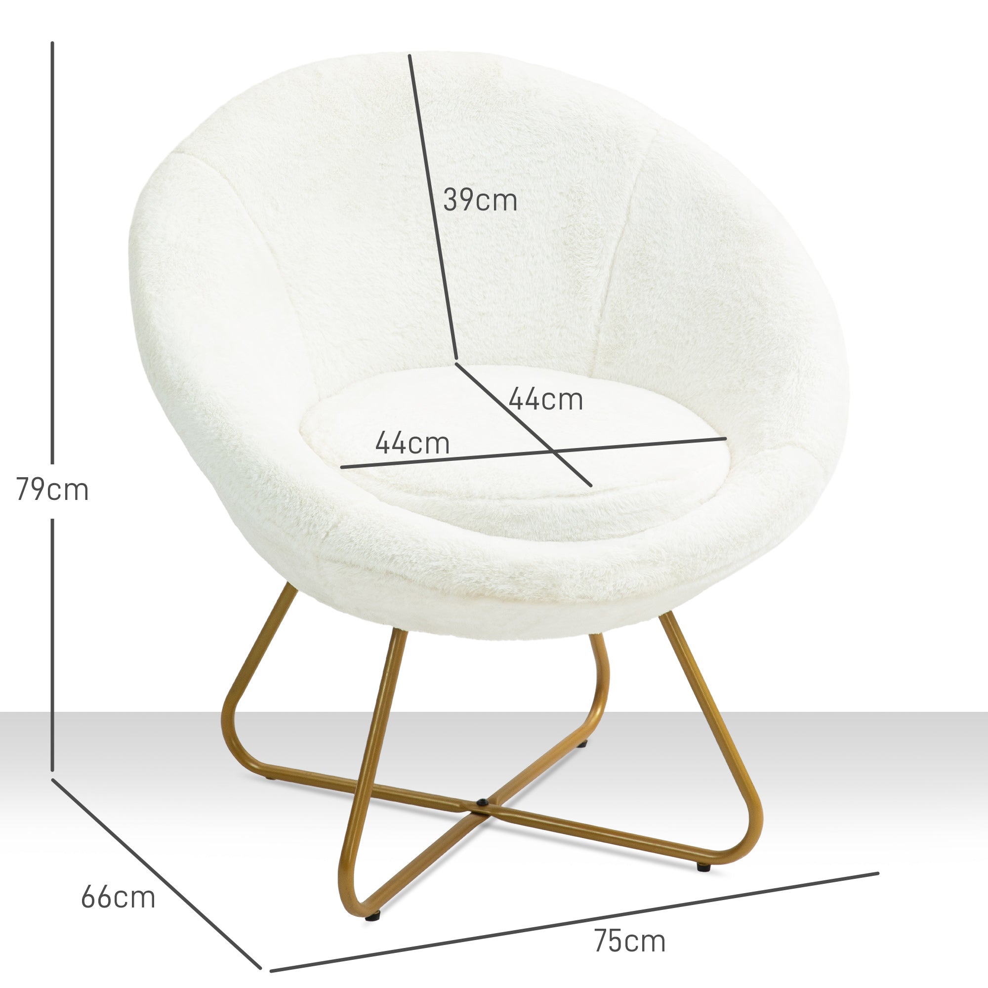 Bedroom Armchair in Faux Fur, Upholstered Living Room Armchair with Golden Metal Legs and Non-Slip Feet for Living Room, Dining Room, 75x66x79 cm, White