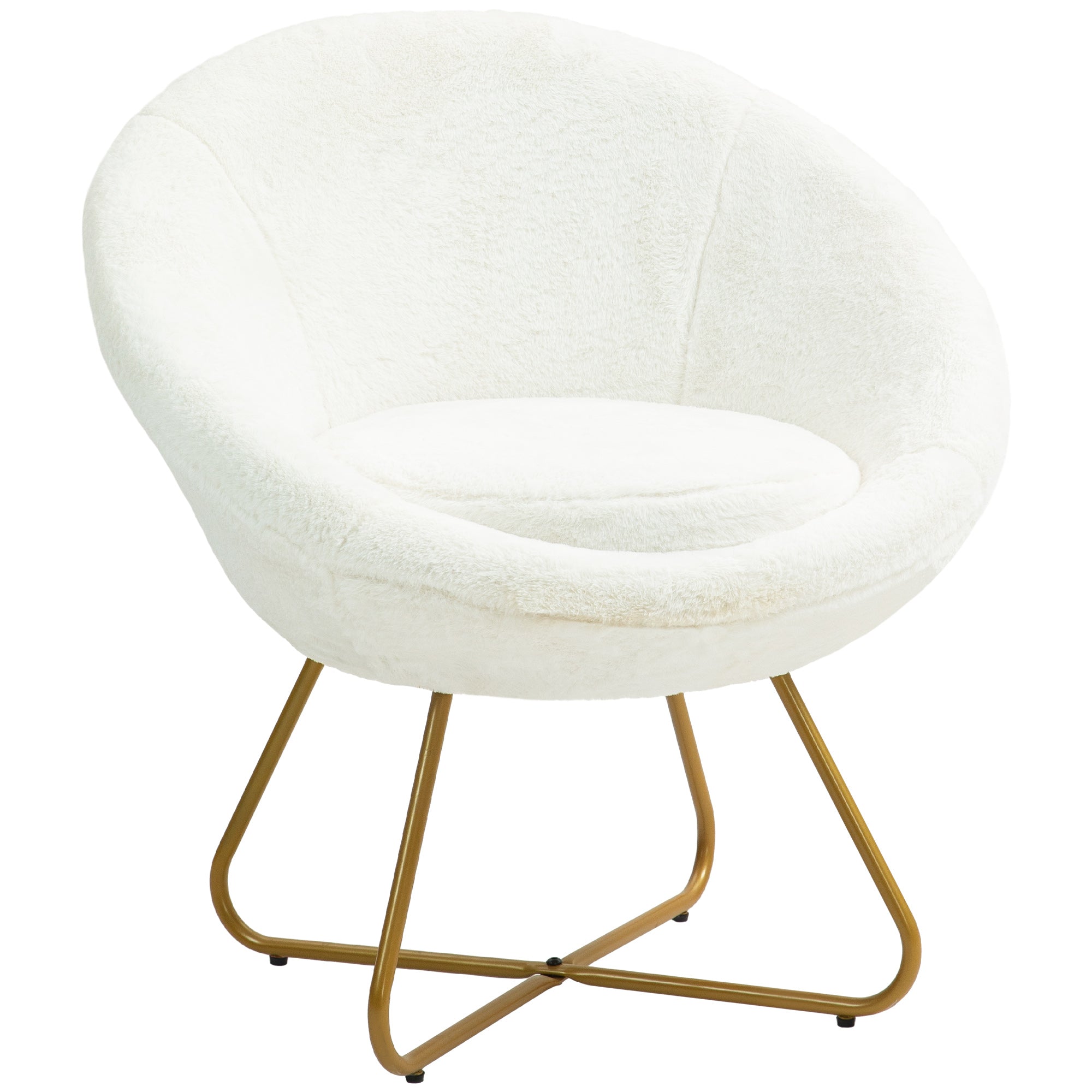 Bedroom Armchair in Faux Fur, Upholstered Living Room Armchair with Golden Metal Legs and Non-Slip Feet for Living Room, Dining Room, 75x66x79 cm, White