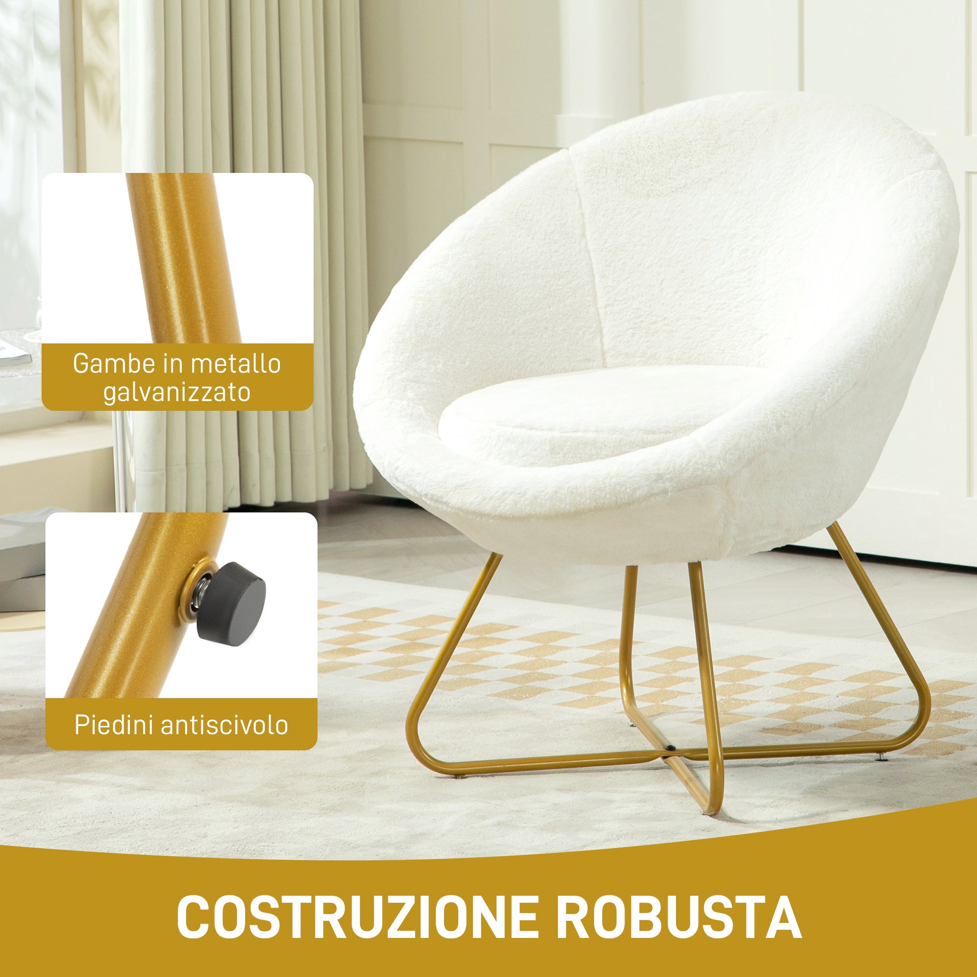 Bedroom Armchair in Faux Fur, Upholstered Living Room Armchair with Golden Metal Legs and Non-Slip Feet for Living Room, Dining Room, 75x66x79 cm, White