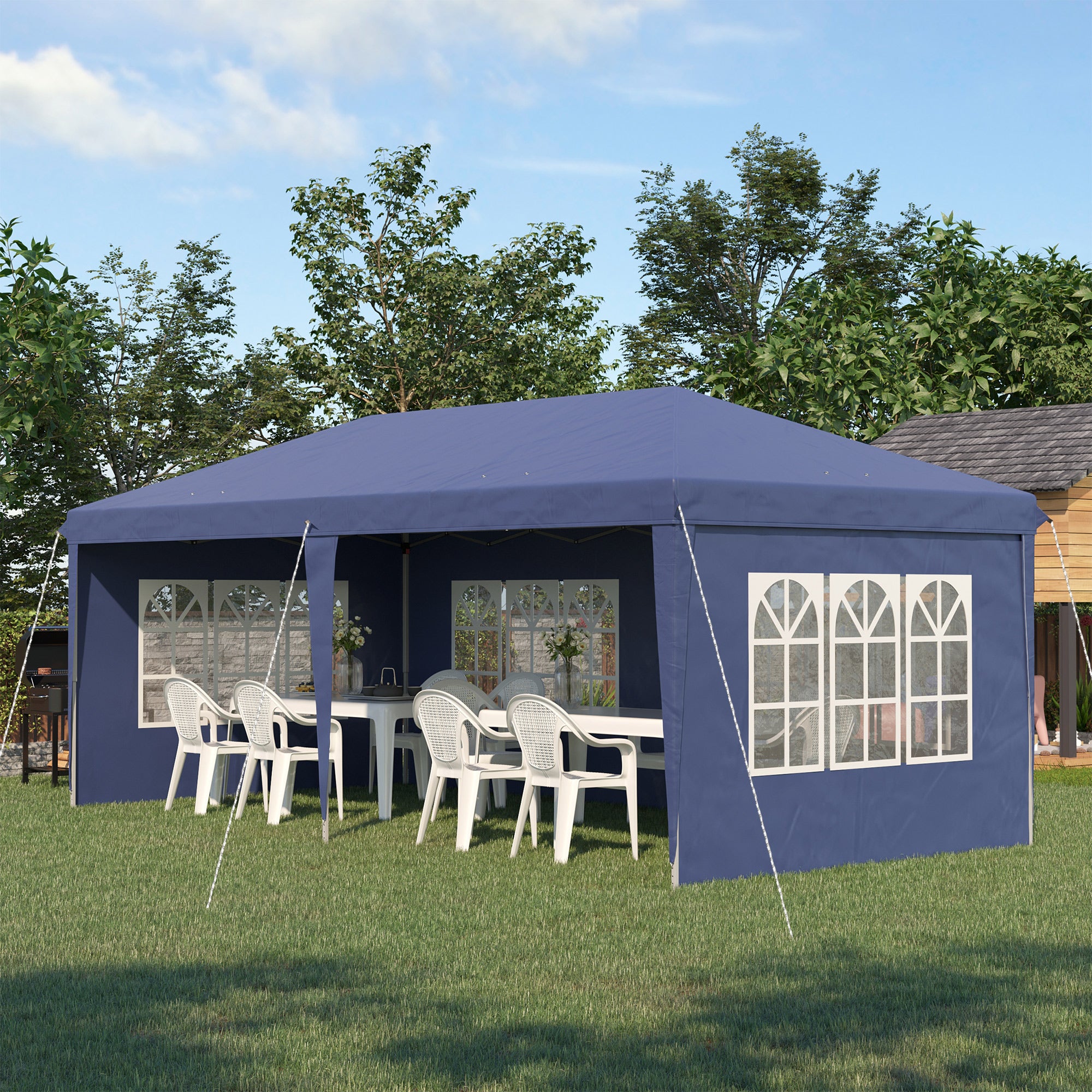 Folding Canopy 6x3 m with 4 Detachable Sides Garden Gazebo with 4 Visible Windows and Waterproof Carrying Bag for Outdoor Patio Terrace Blue