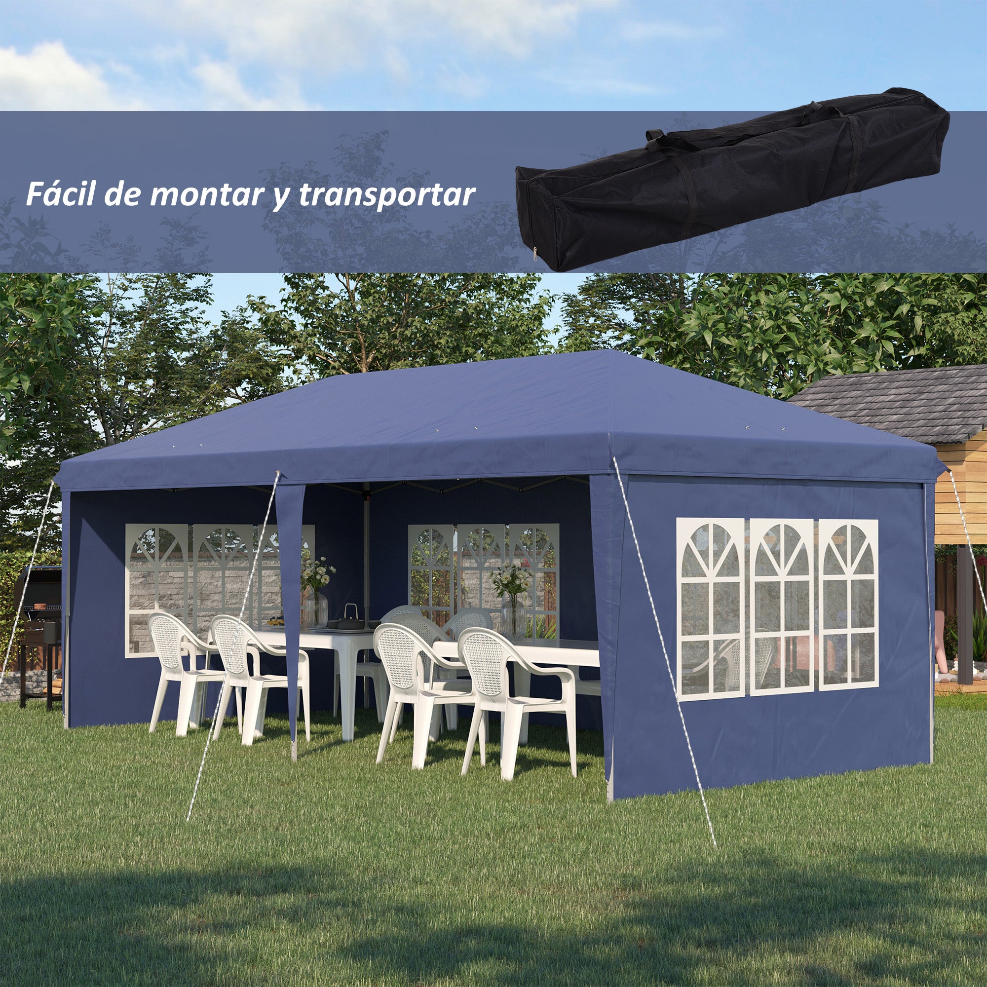 Folding Canopy 6x3 m with 4 Detachable Sides Garden Gazebo with 4 Visible Windows and Waterproof Carrying Bag for Outdoor Patio Terrace Blue