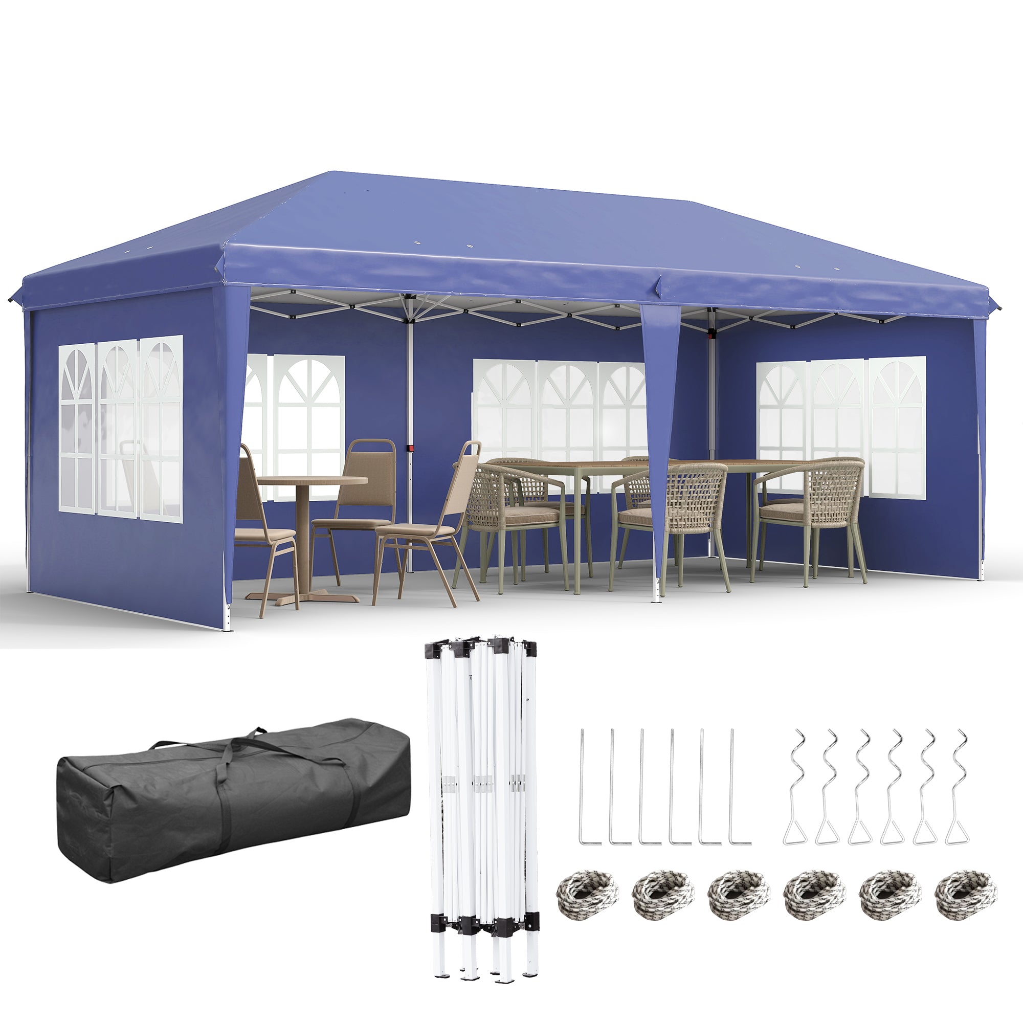 Folding Canopy 6x3 m with 4 Detachable Sides Garden Gazebo with 4 Visible Windows and Waterproof Carrying Bag for Outdoor Patio Terrace Blue