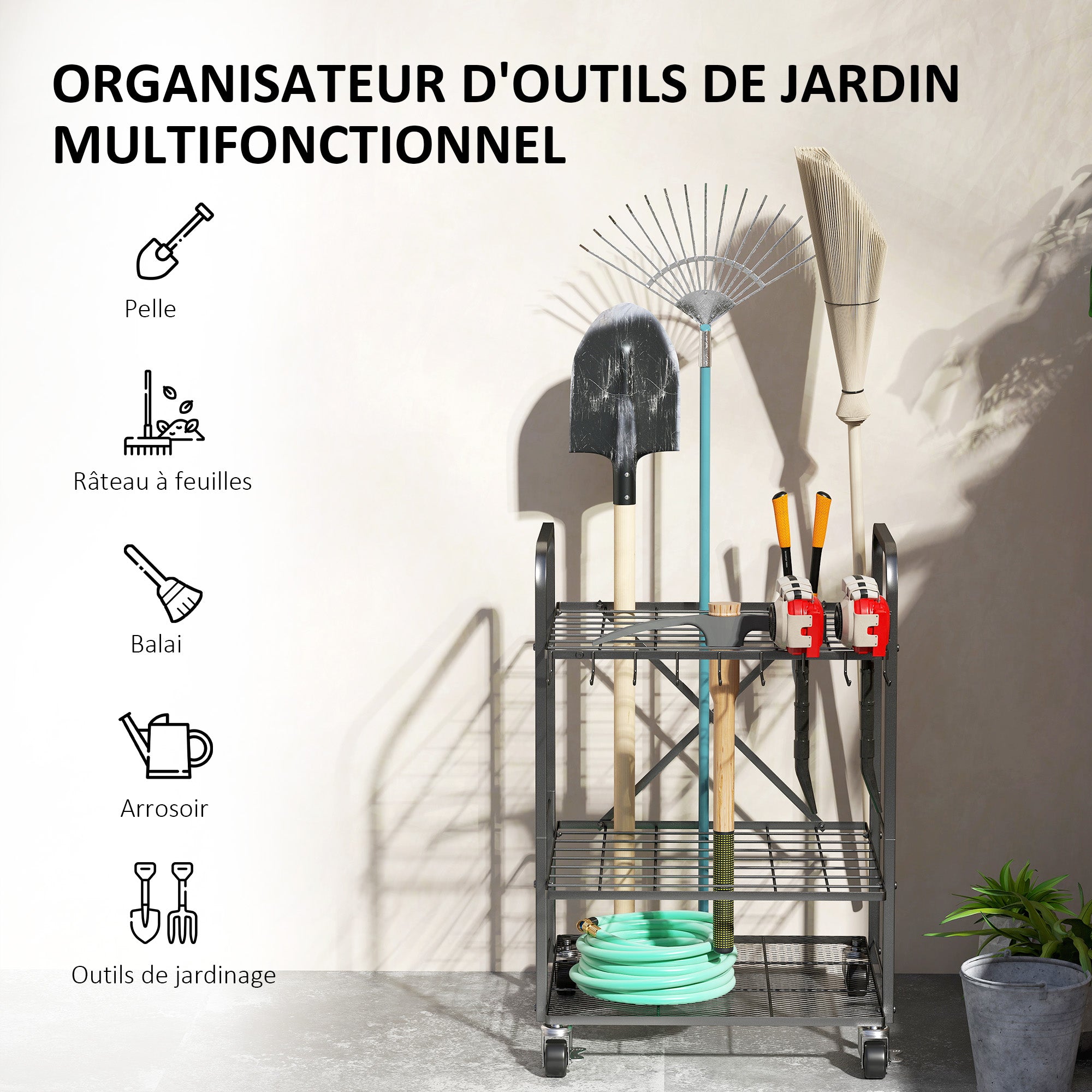 Garden Tool Organizer with 9 Hooks, 40-Compartment Garden Tool Holder, Metal Garage Tool Rack on Wheels for Pruners, Shovels, Rakes, Black